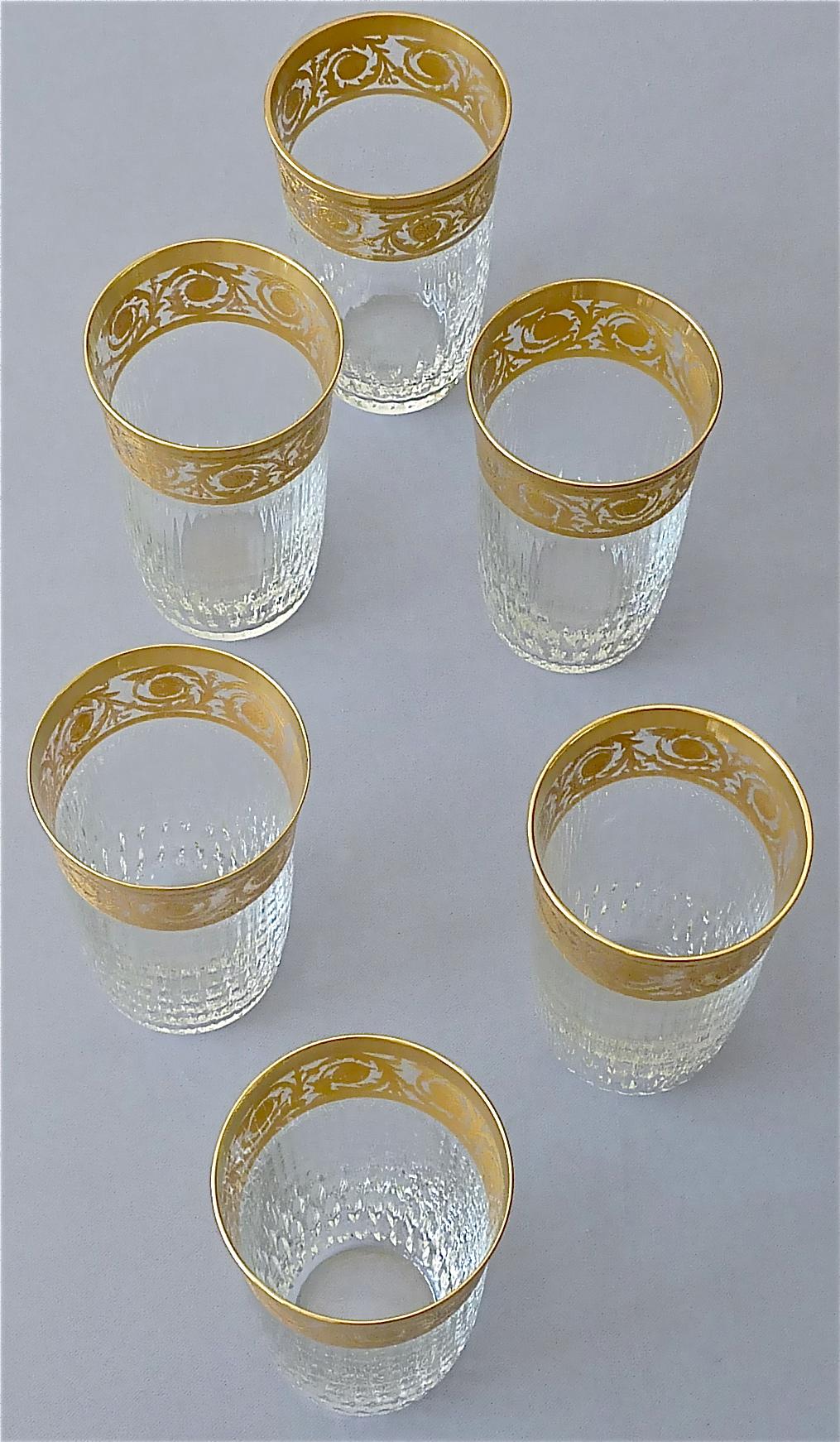 French 24 Saint Louis Gilt Crystal Champagne Red White Wine Water Glasses Thistle 1950s