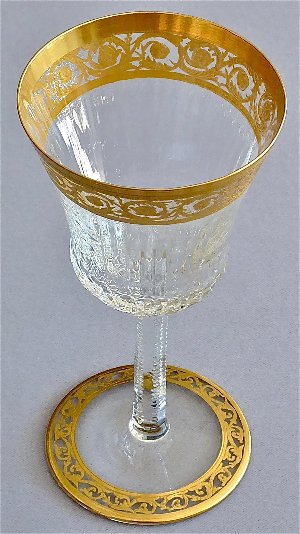 Hand-Crafted 24 Saint Louis Gilt Crystal Champagne Red White Wine Water Glasses Thistle 1950s