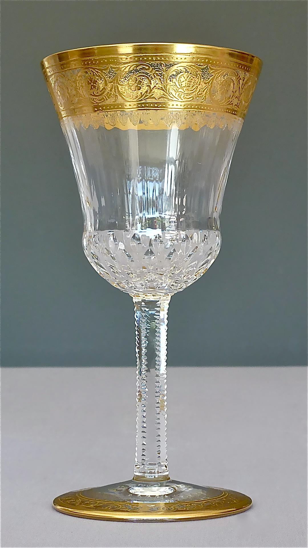 24 Saint Louis Gilt Crystal Champagne Red White Wine Water Glasses Thistle 1950s 1