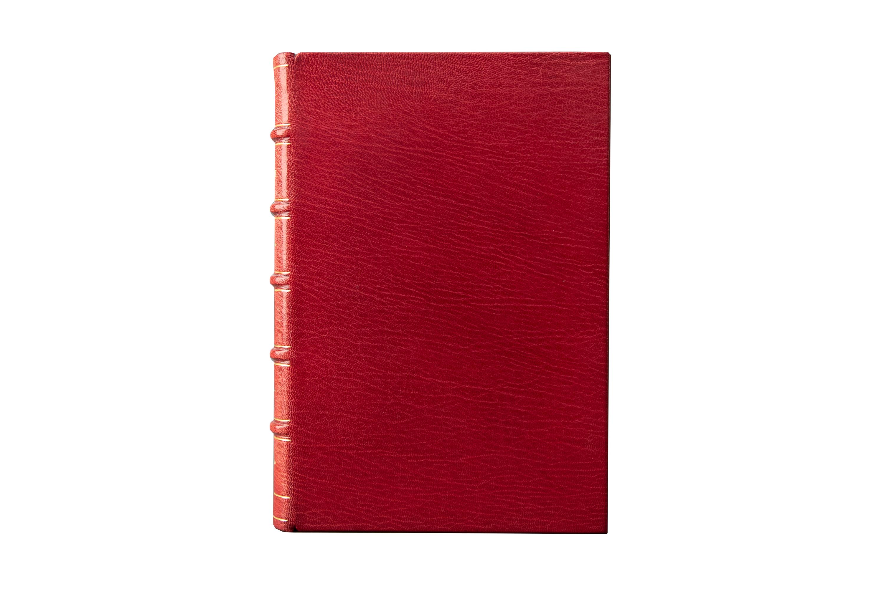 24 Volumes. Arthur Conan Doyle, The Works. The Crowborough Edition. Bound in full red morocco. The spines display raised bands and gilt-tooled panel details. The top edges are gilded with marbled endpapers. This first edition is limited to 760