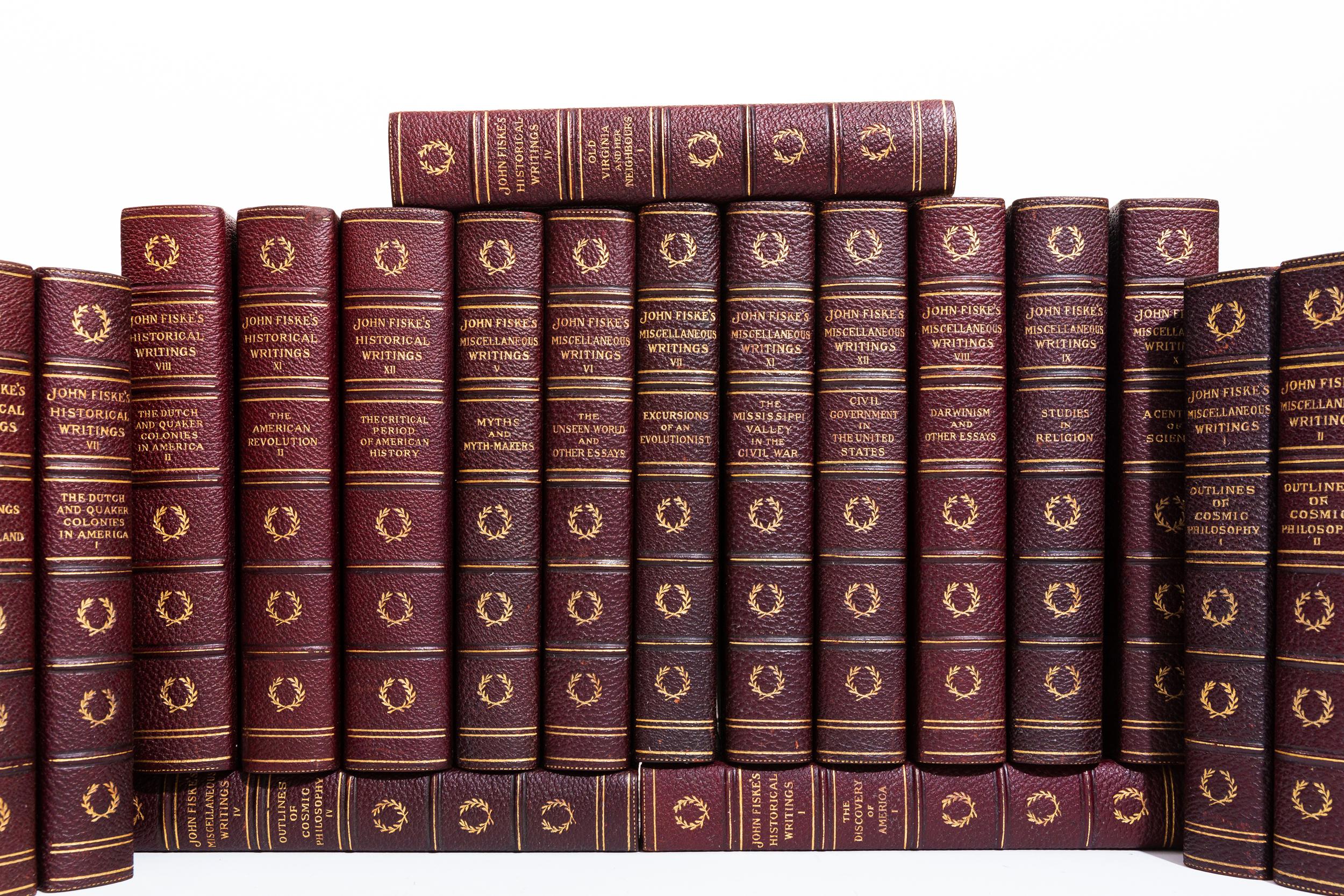 24 Volumes. John Fiske, The Historical Writings of John Fiske. Bound in 3/4 wine morocco. Marbled boards. Raised bands. Top edges gilt. Marbled endpapers. Illustrated with many photogravures, maps, charts, facsimiles, etc. Published: New York;