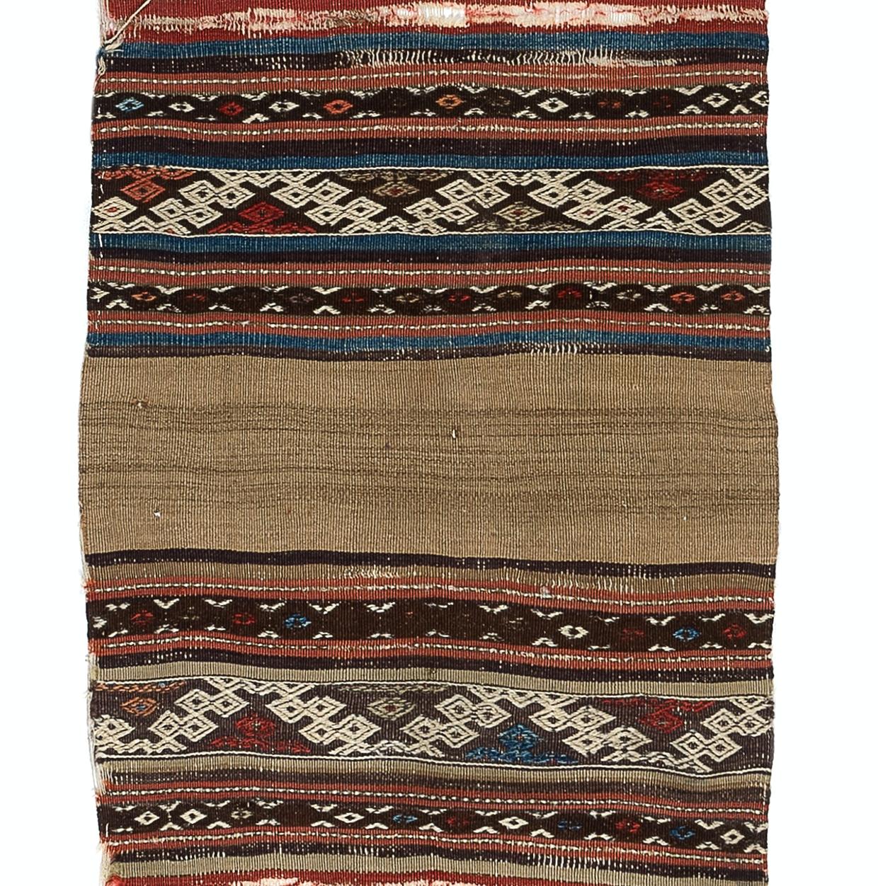 2'4'' x 11'7'' Antique Turkish Karapinar Fragment Kilim Rug, 18th Century In Distressed Condition For Sale In Spring Valley, NY