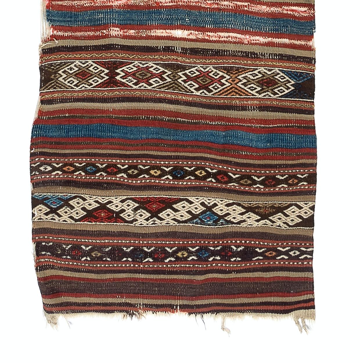 18th Century and Earlier 2'4'' x 11'7'' Antique Turkish Karapinar Fragment Kilim Rug, 18th Century For Sale