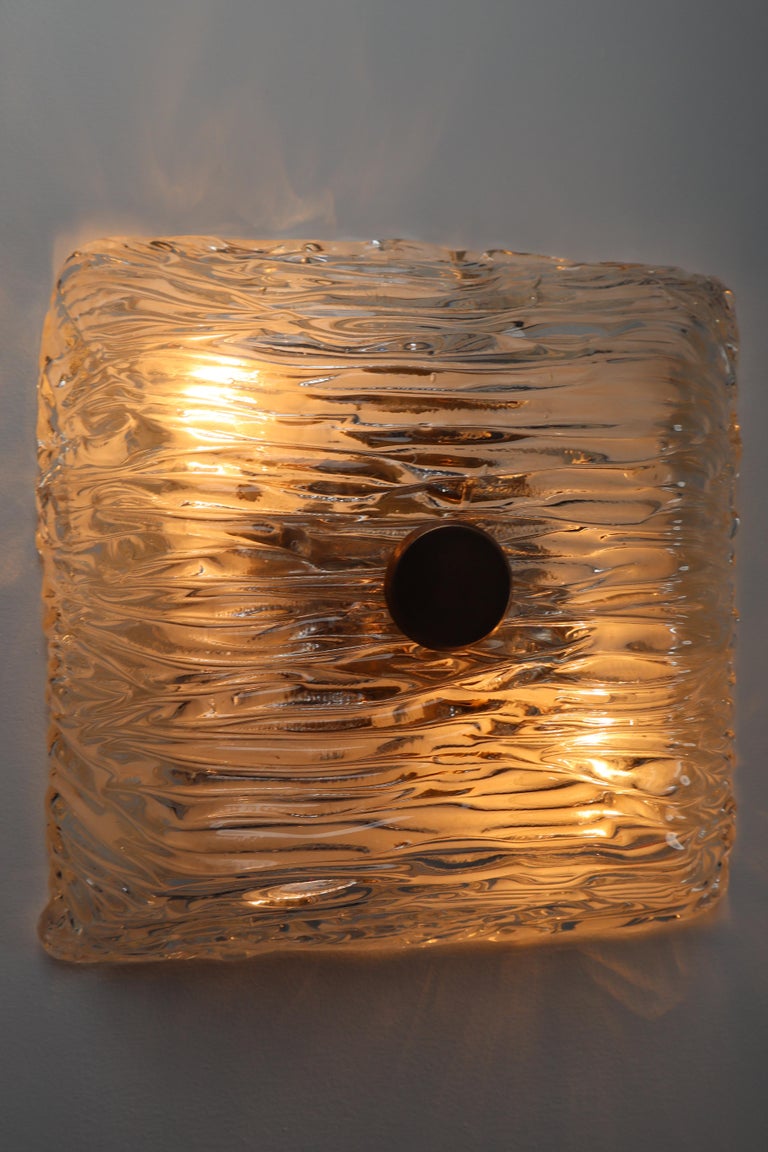 German 24 Modernist Textured Ice Glass Flush Mounts or Wall Lights with Brass, 1960s For Sale
