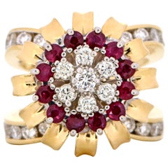 2.40 Carat 14 Karat Yellow Gold Diamond Ruby Flower Statement Ring