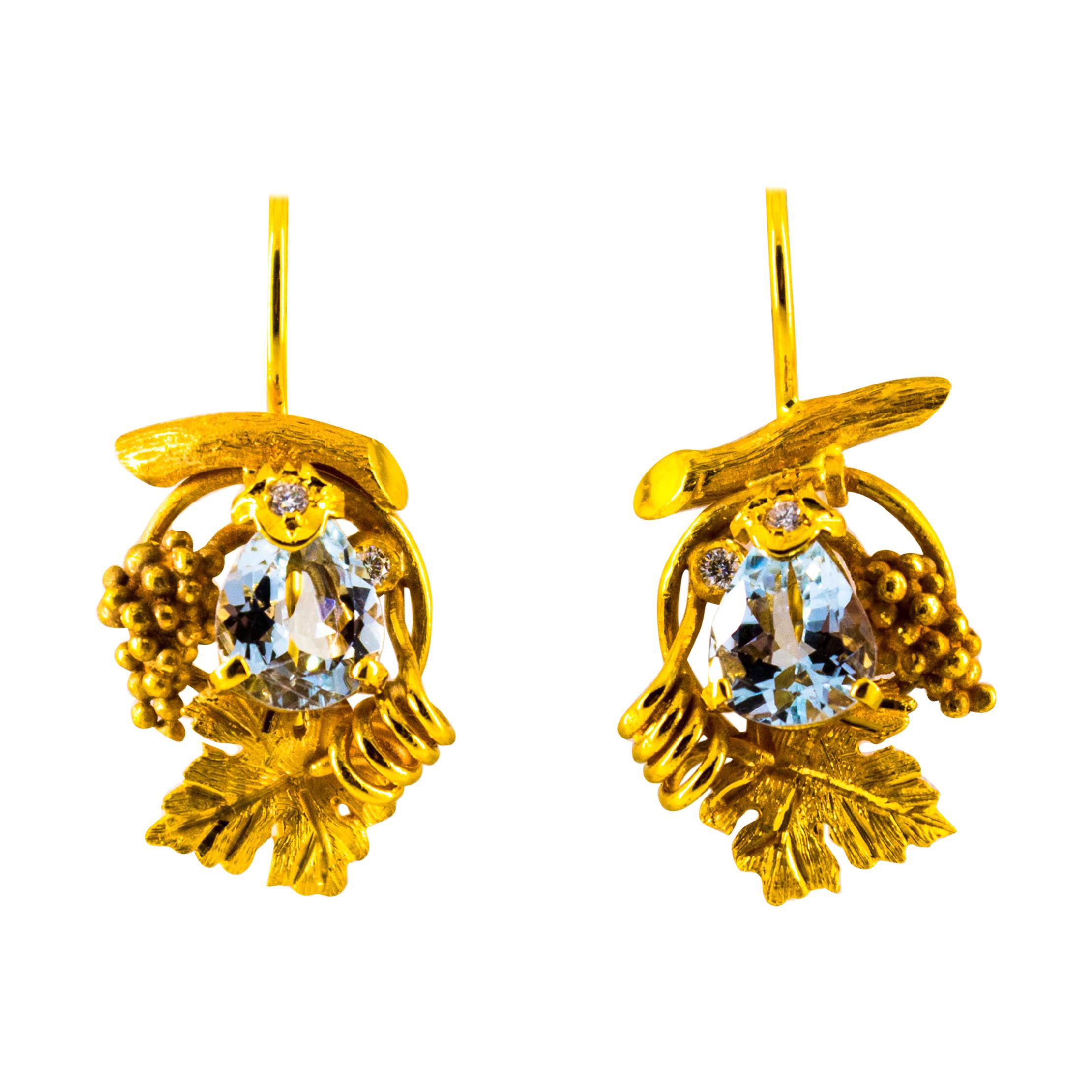 2.40 Carat Aquamarine 0.12 Carat White Diamond Yellow Gold Lever-Back Earrings