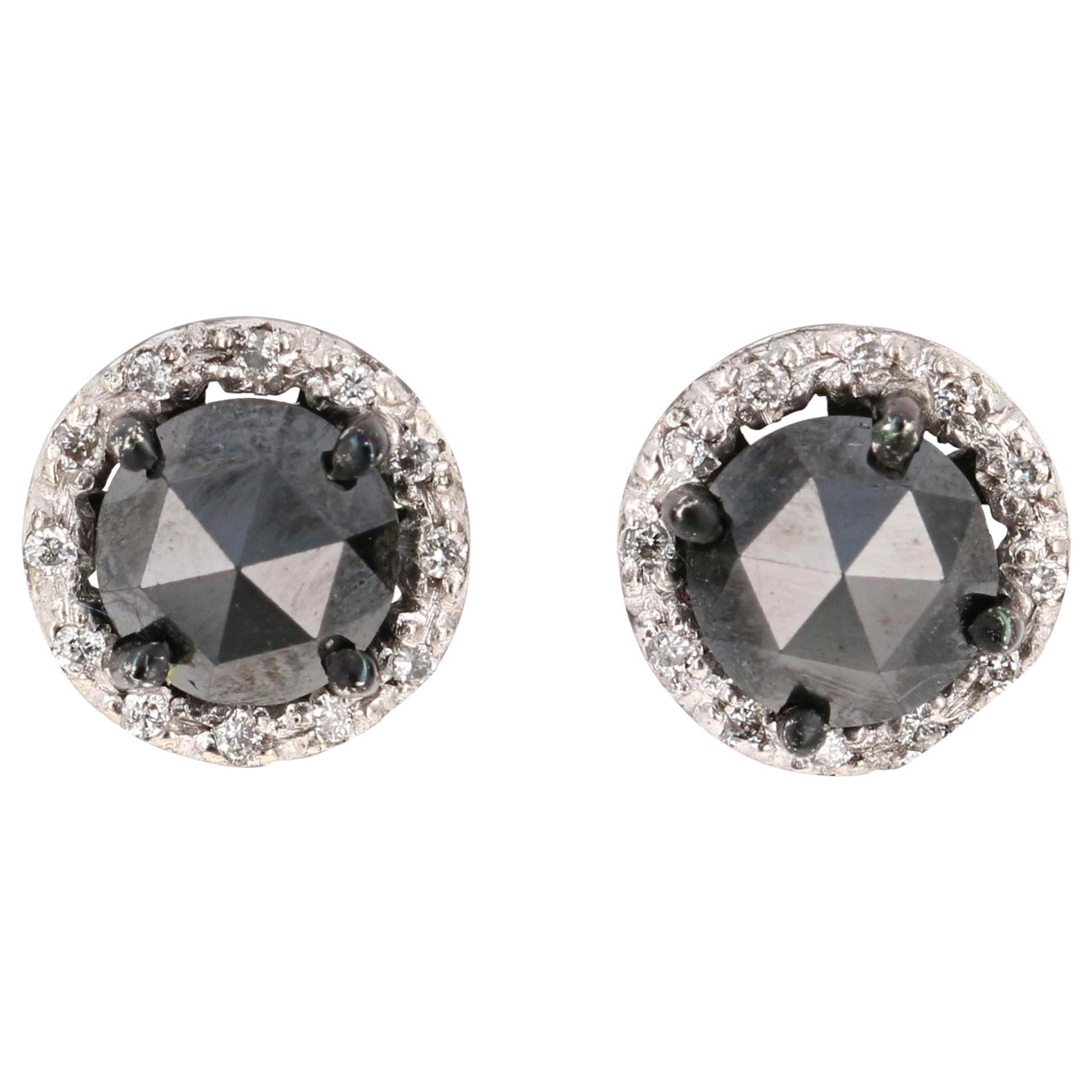 2.40 Carat Black Diamond 14 Karat White Gold Stud Earrings