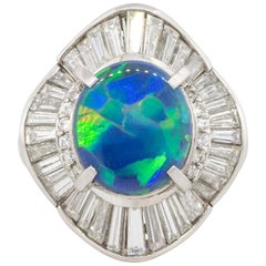 Platinum 2.40 Carat Blue Oval Opal Diamond Cocktail Large Ring