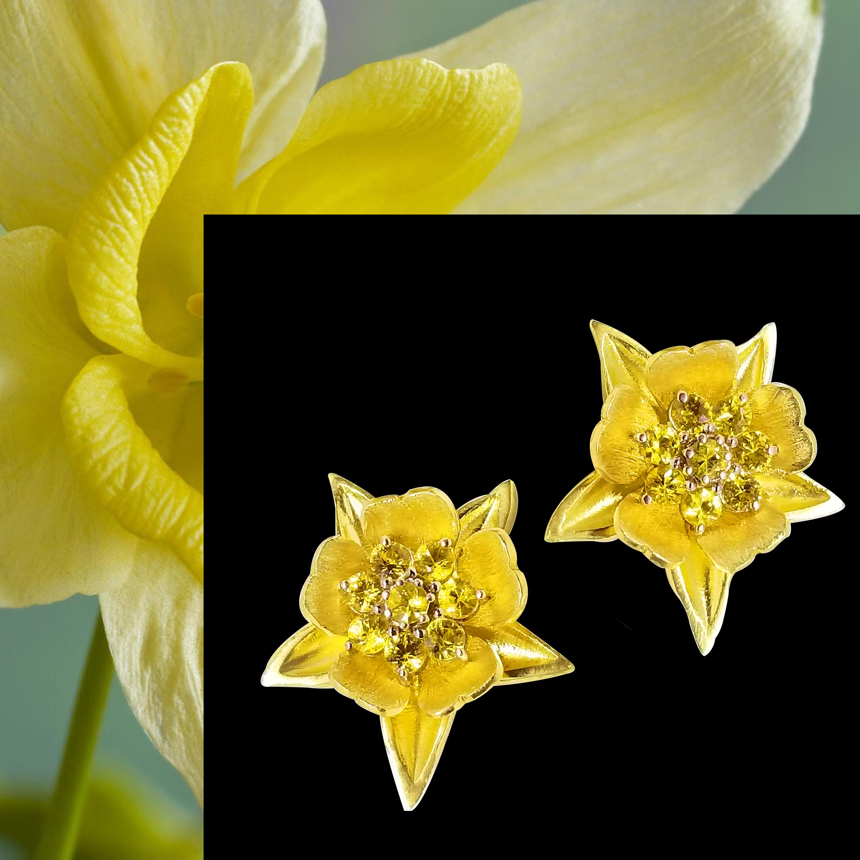 2,40 Karat Kanariensaphir Goldene kolumbianische Blumenohrringe Einzigartig 18K im Angebot 3