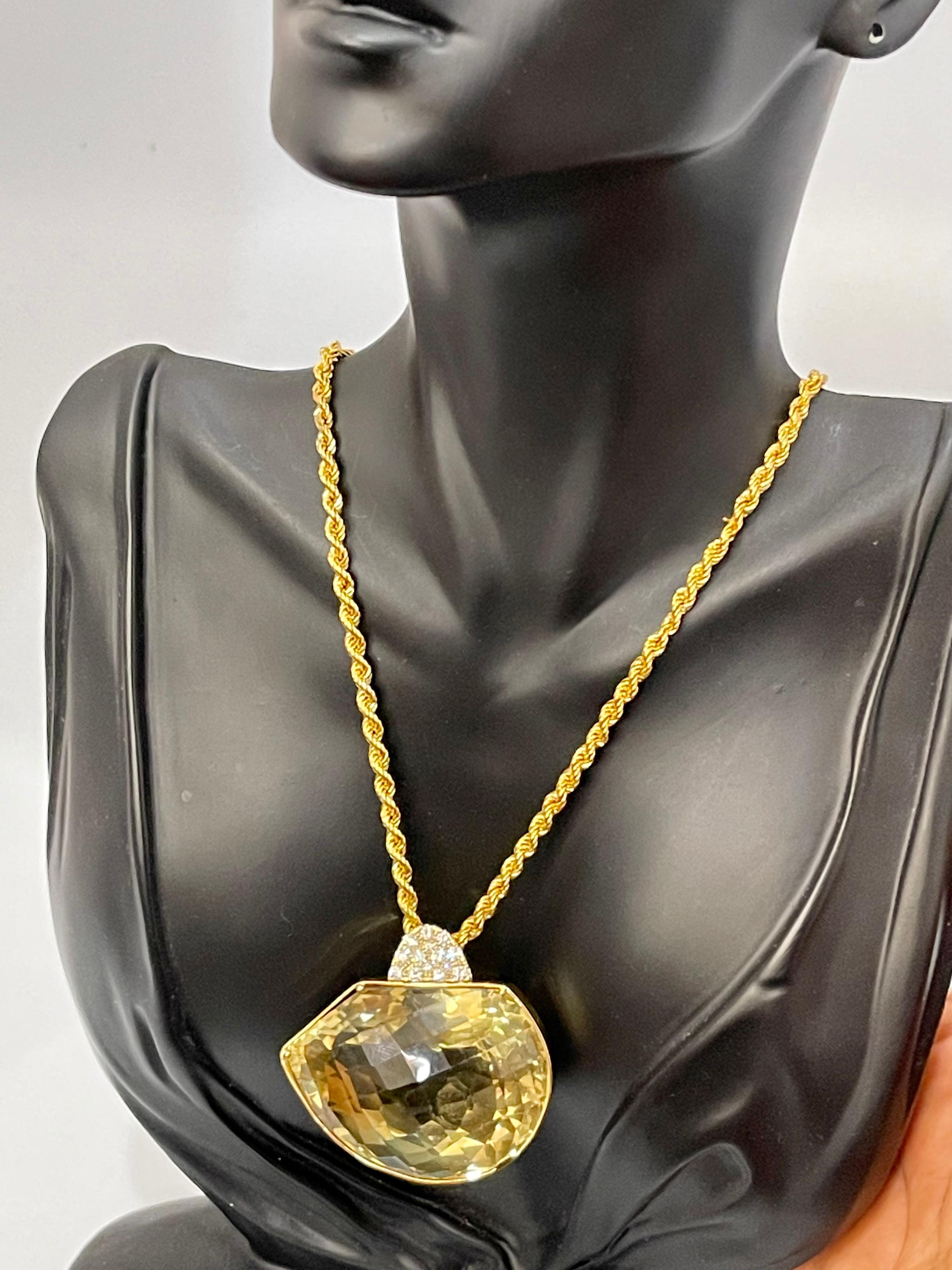 240 Carat Citrine & Diamond Pendent or Necklace 14 Karat Yellow Gold with Chain For Sale 6