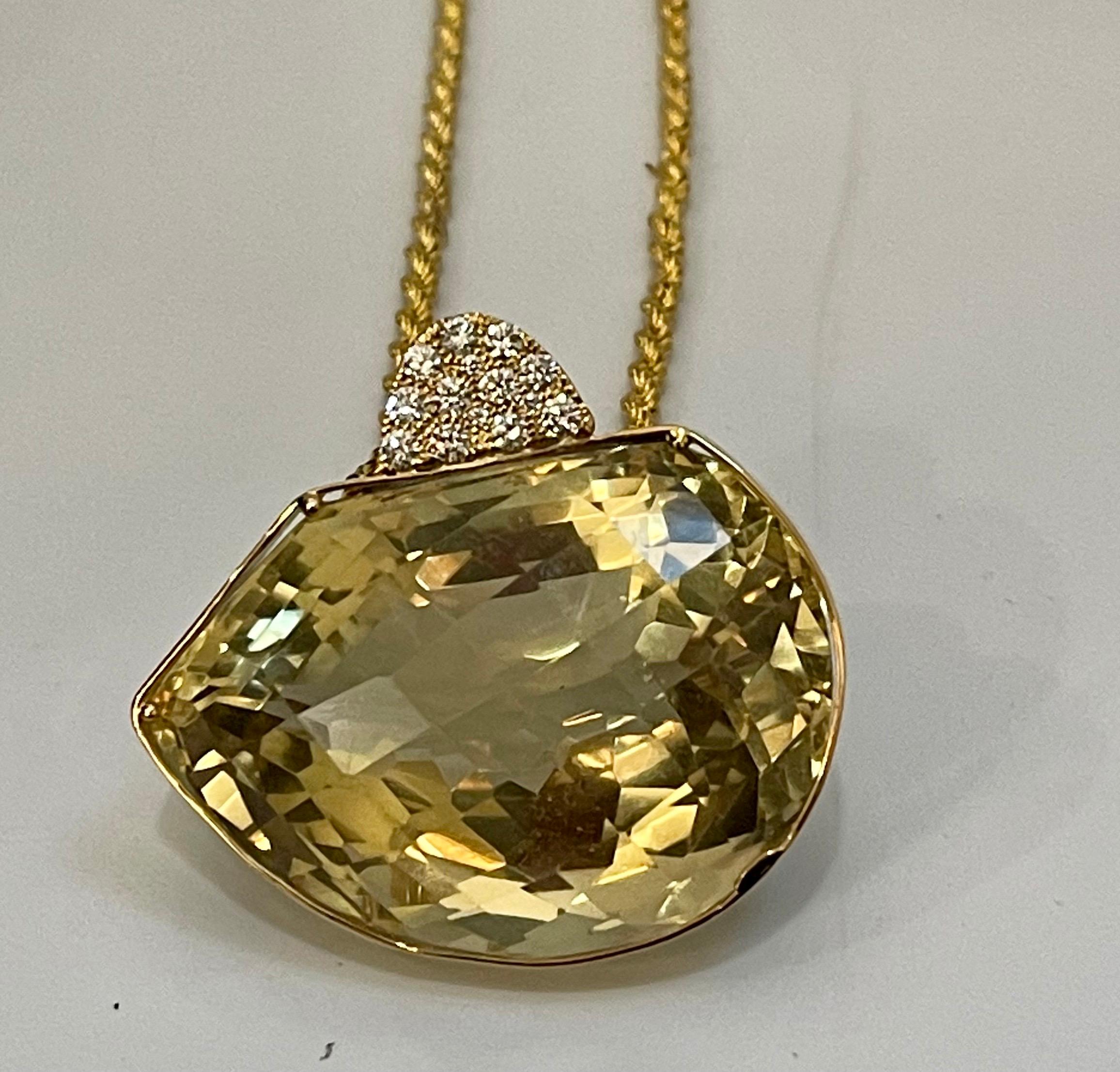 240 Carat Citrine & Diamond Pendent or Necklace 14 Karat Yellow Gold with Chain For Sale 12