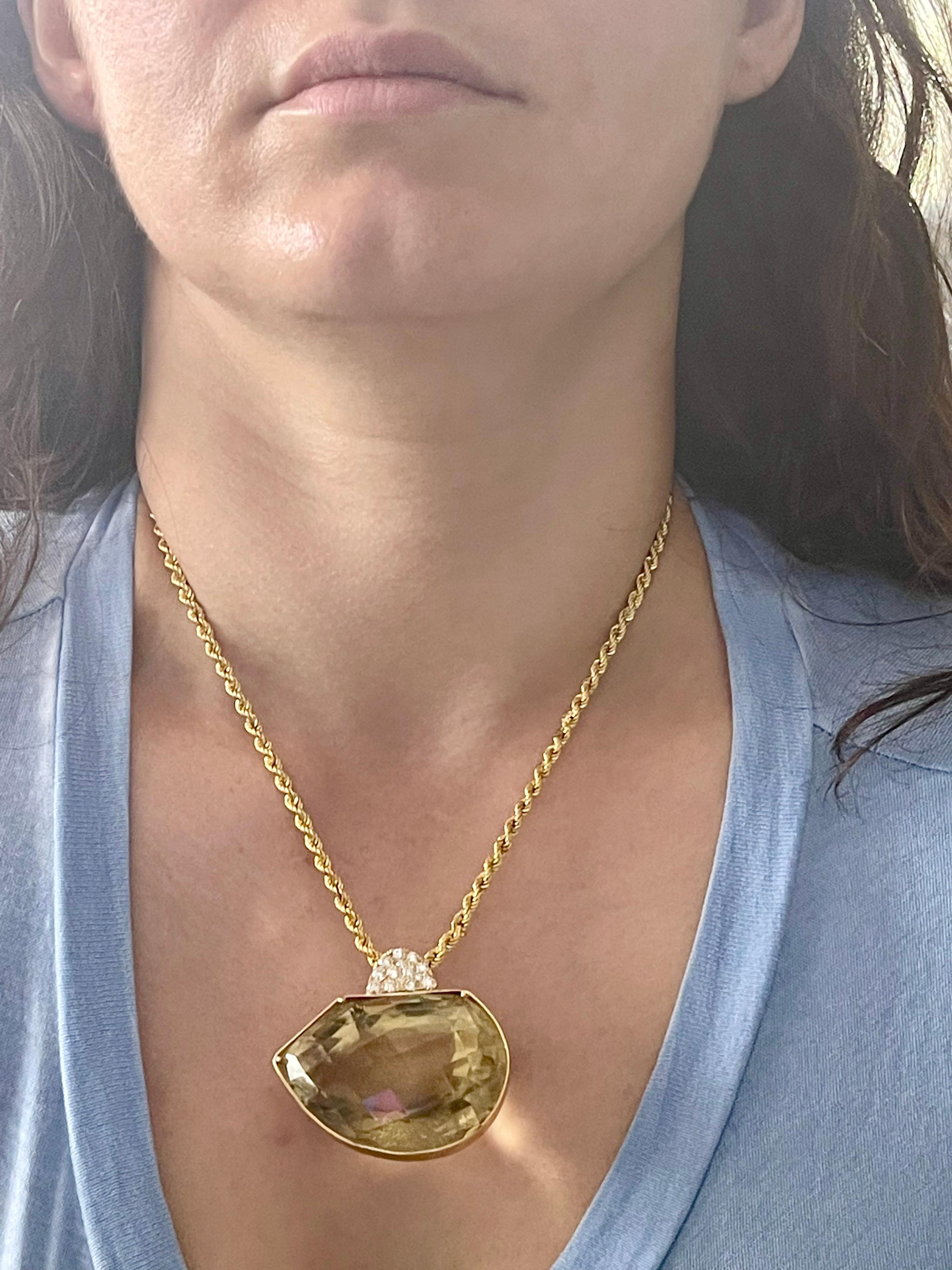 240 Carat Citrine & Diamond Pendent or Necklace 14 Karat Yellow Gold with Chain For Sale 13