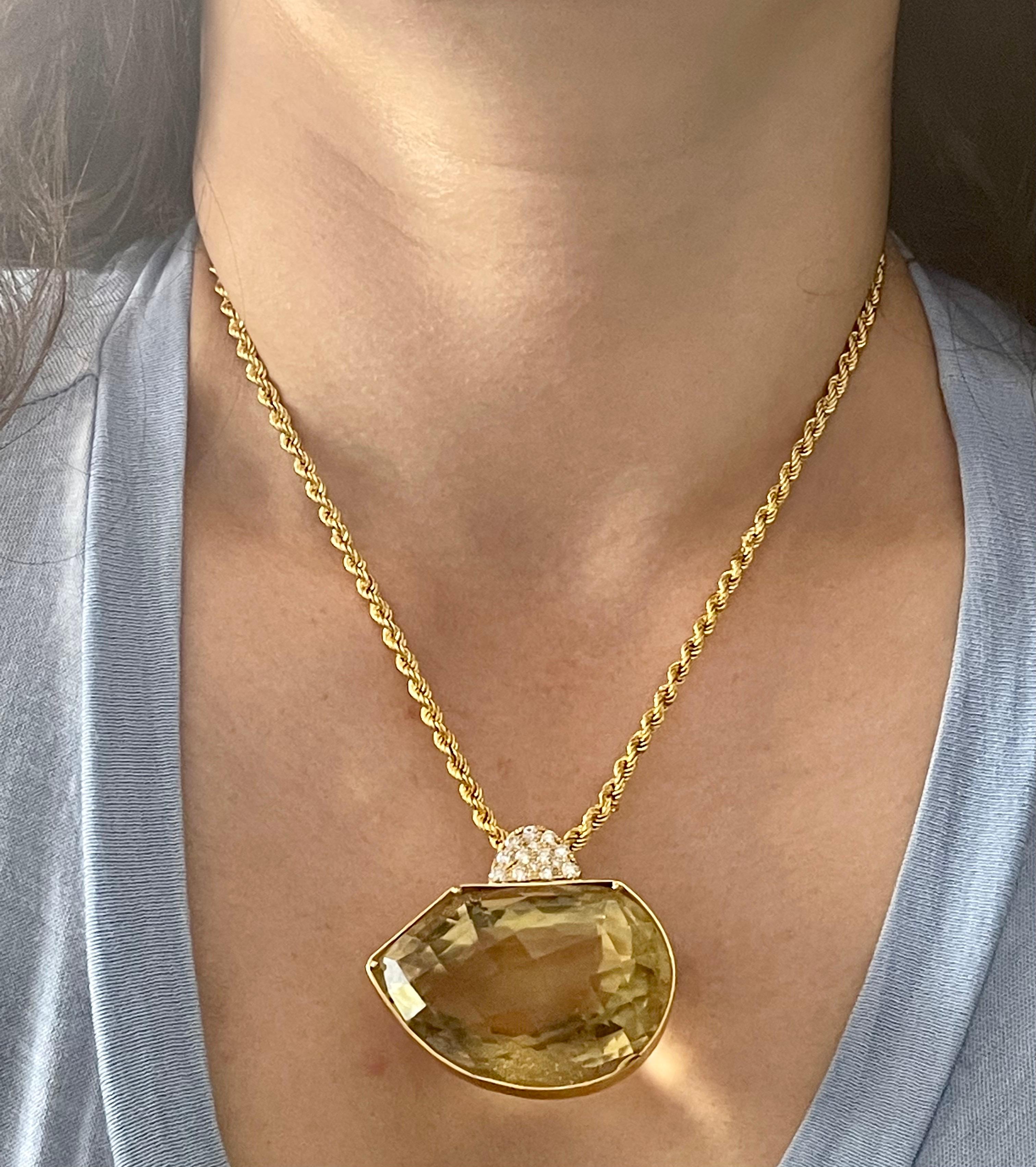 240 Carat Citrine & Diamond Pendent or Necklace 14 Karat Yellow Gold with Chain For Sale 14