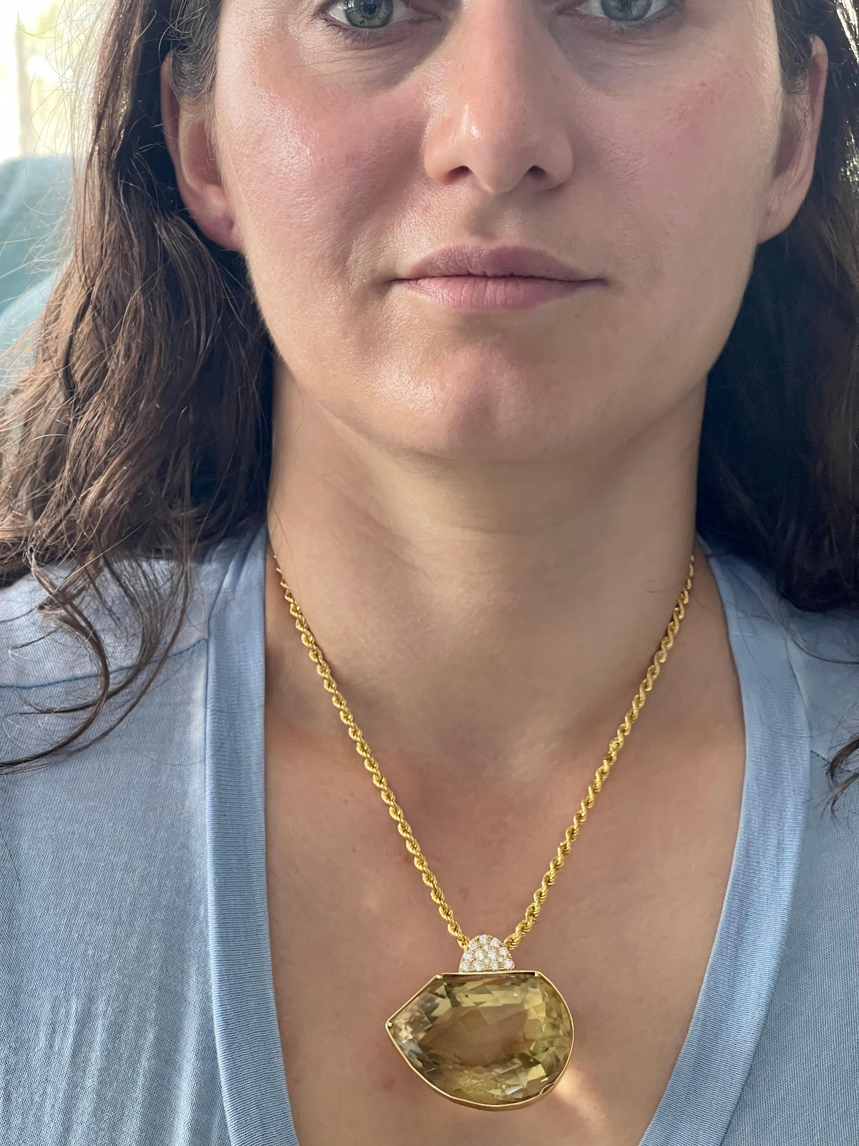 Mixed Cut 240 Carat Citrine & Diamond Pendent or Necklace 14 Karat Yellow Gold with Chain For Sale