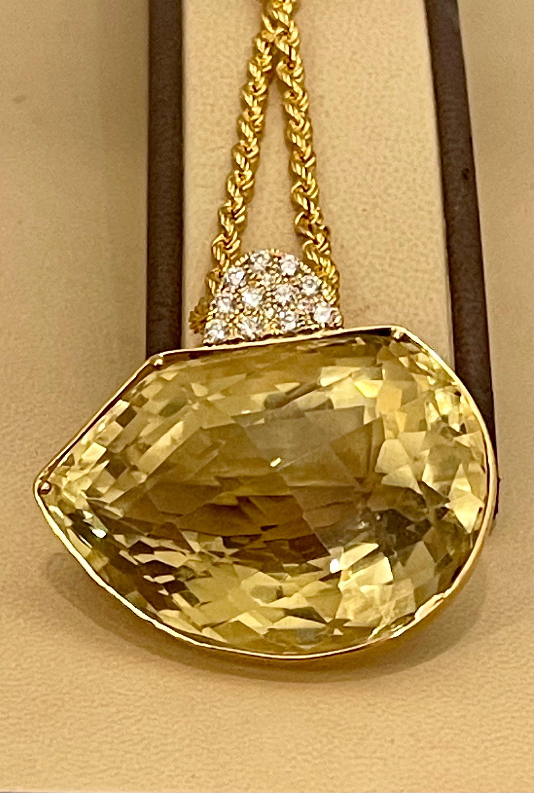 240 Carat Citrine & Diamond Pendent or Necklace 14 Karat Yellow Gold with Chain In Excellent Condition For Sale In New York, NY