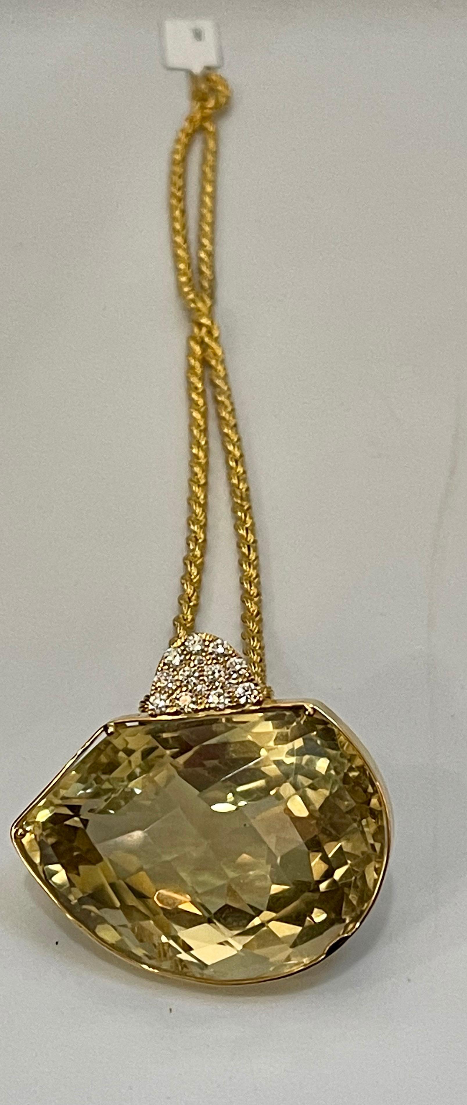 Women's 240 Carat Citrine & Diamond Pendent or Necklace 14 Karat Yellow Gold with Chain For Sale