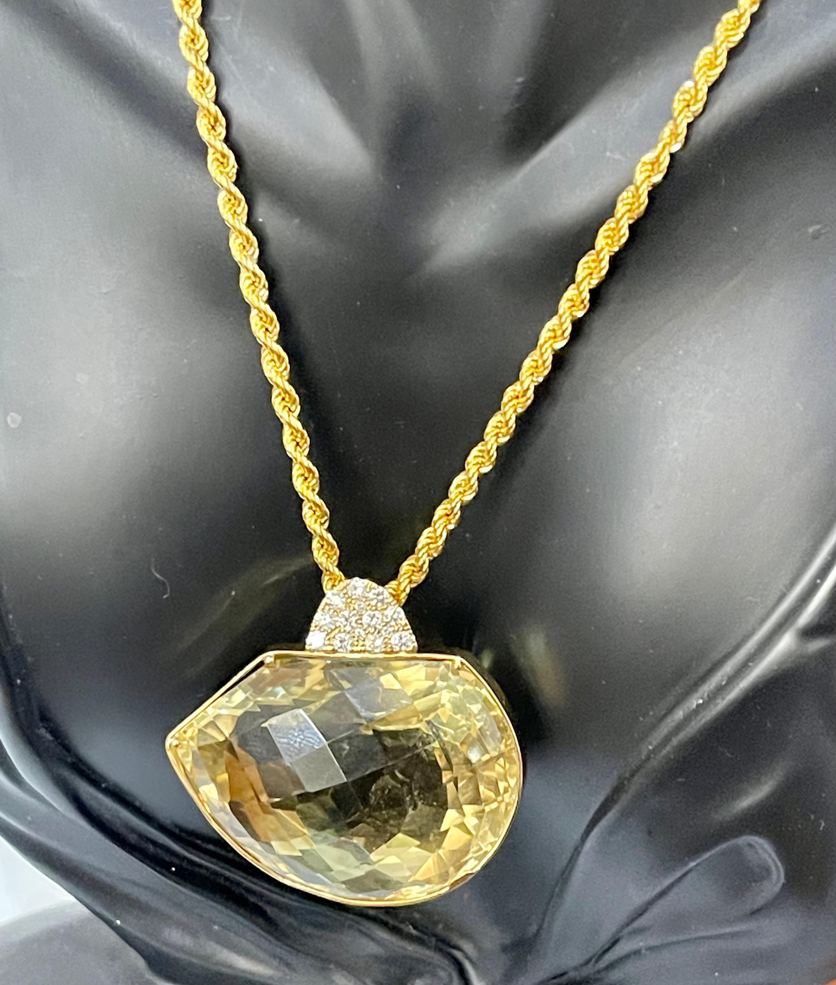 240 Carat Citrine & Diamond Pendent or Necklace 14 Karat Yellow Gold with Chain For Sale 1