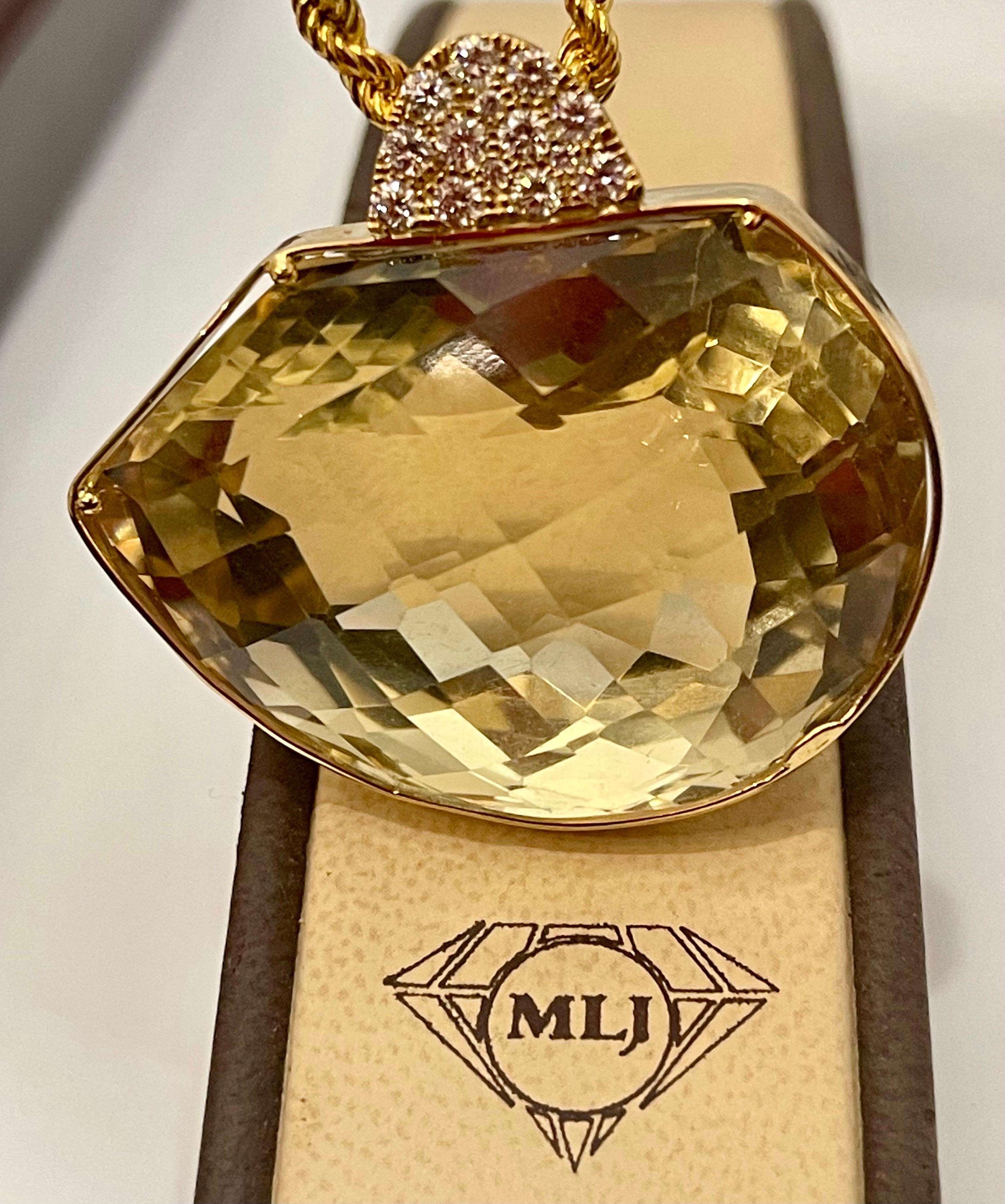 240 Carat Citrine & Diamond Pendent or Necklace 14 Karat Yellow Gold with Chain For Sale 2