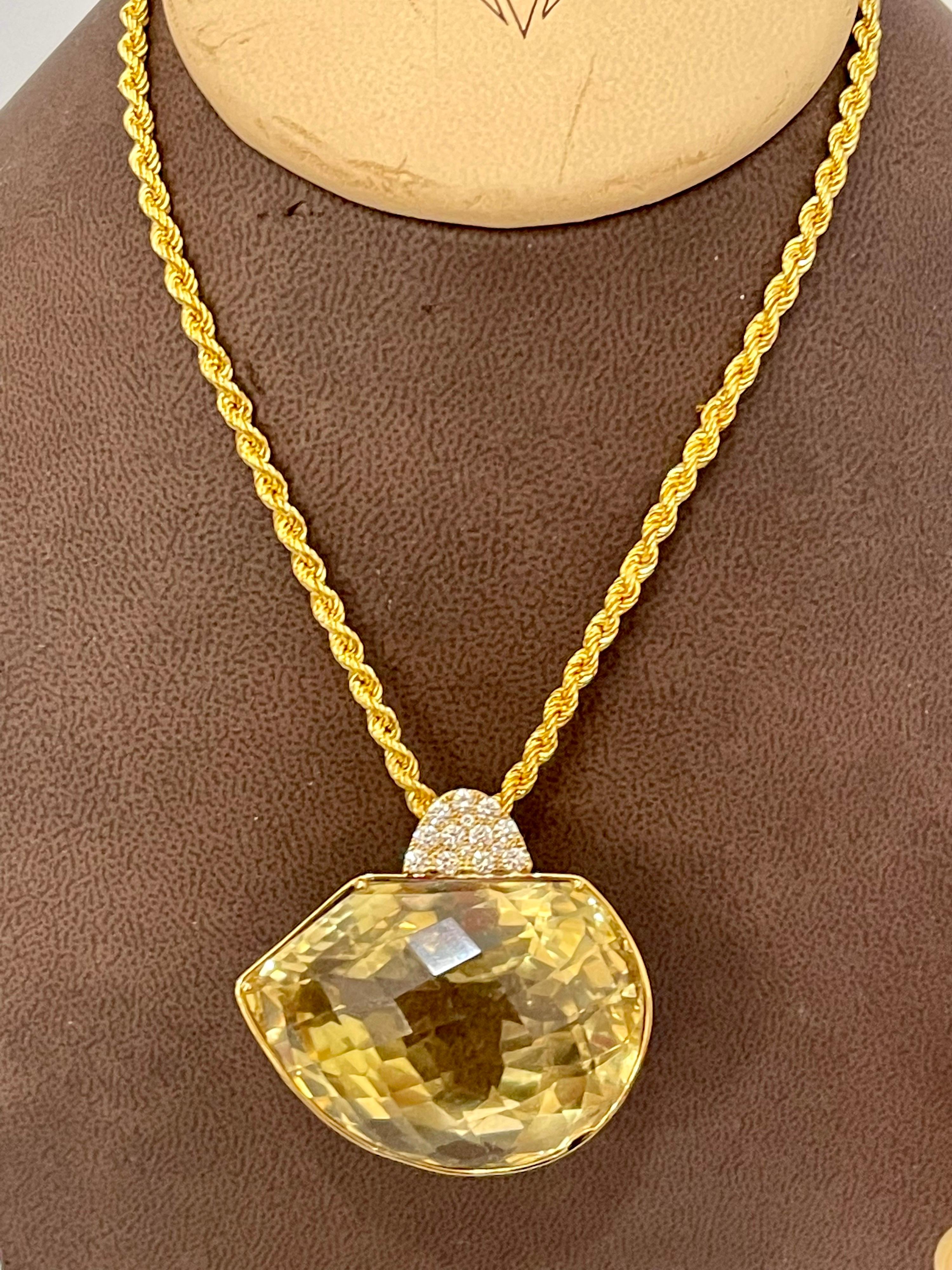 240 Carat Citrine & Diamond Pendent or Necklace 14 Karat Yellow Gold with Chain For Sale 3