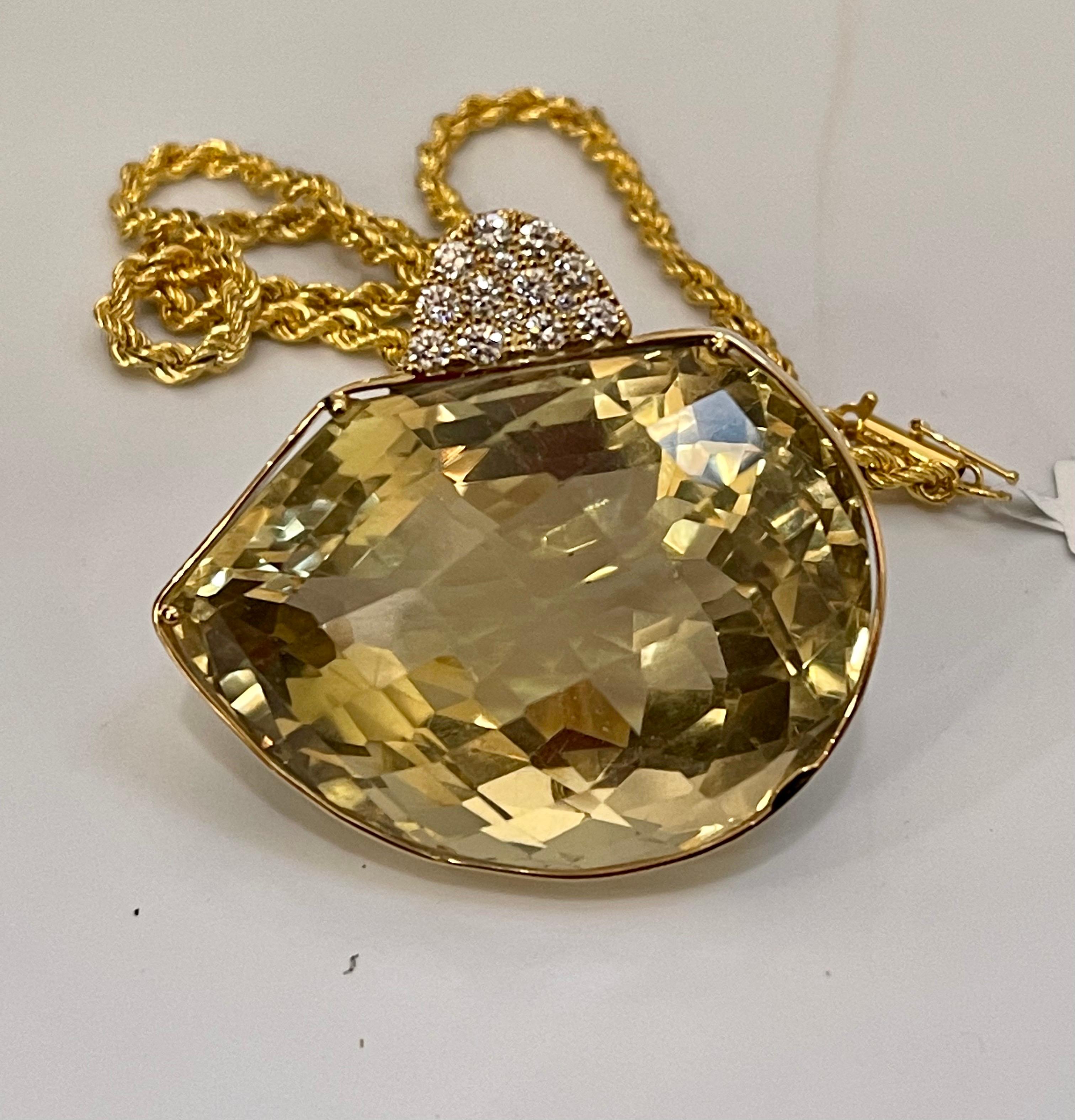 240 Carat Citrine & Diamond Pendent or Necklace 14 Karat Yellow Gold with Chain For Sale 4