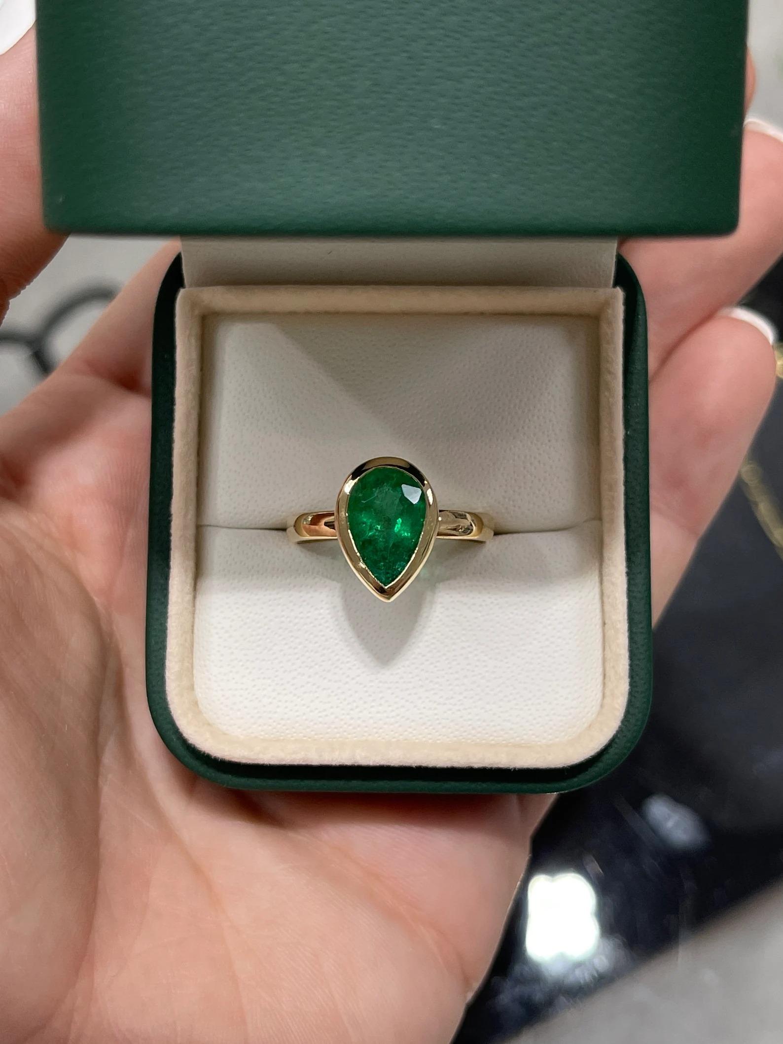 Pear Cut 2.40 Carat Dark Forest Green Pear Emerald Bezel Solitaire Engagement Ring 14K For Sale