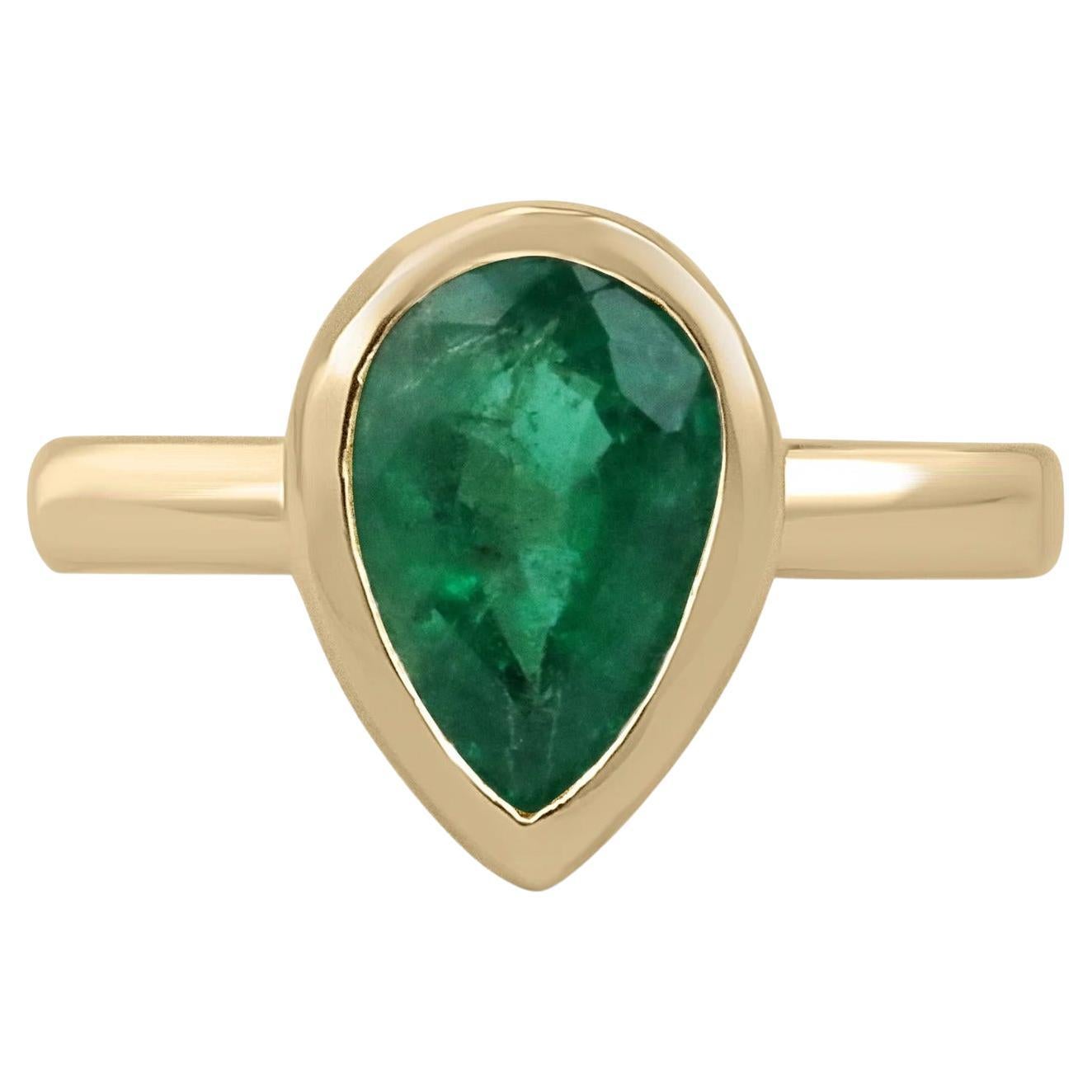 2.40 Carat Dark Forest Green Pear Emerald Bezel Solitaire Engagement Ring 14K For Sale