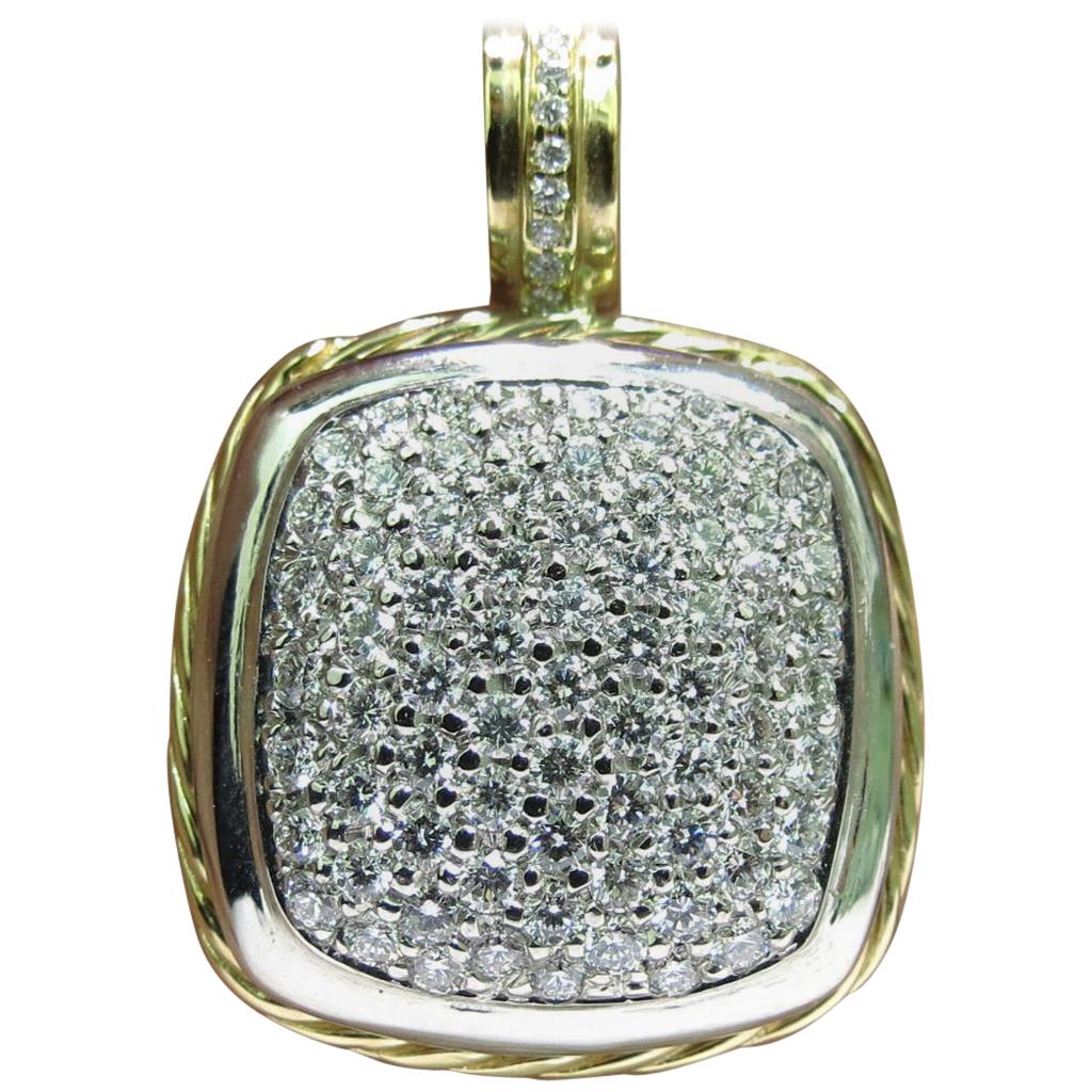 2.40 Carat Diamonds Cluster Pave Pendant, Two-Toned Rope Twist and 14 Karat For Sale
