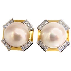 2.40 Carat Diamonds Mabe Pearl Clip Earrings 18 Karat Omega Vintage Deco