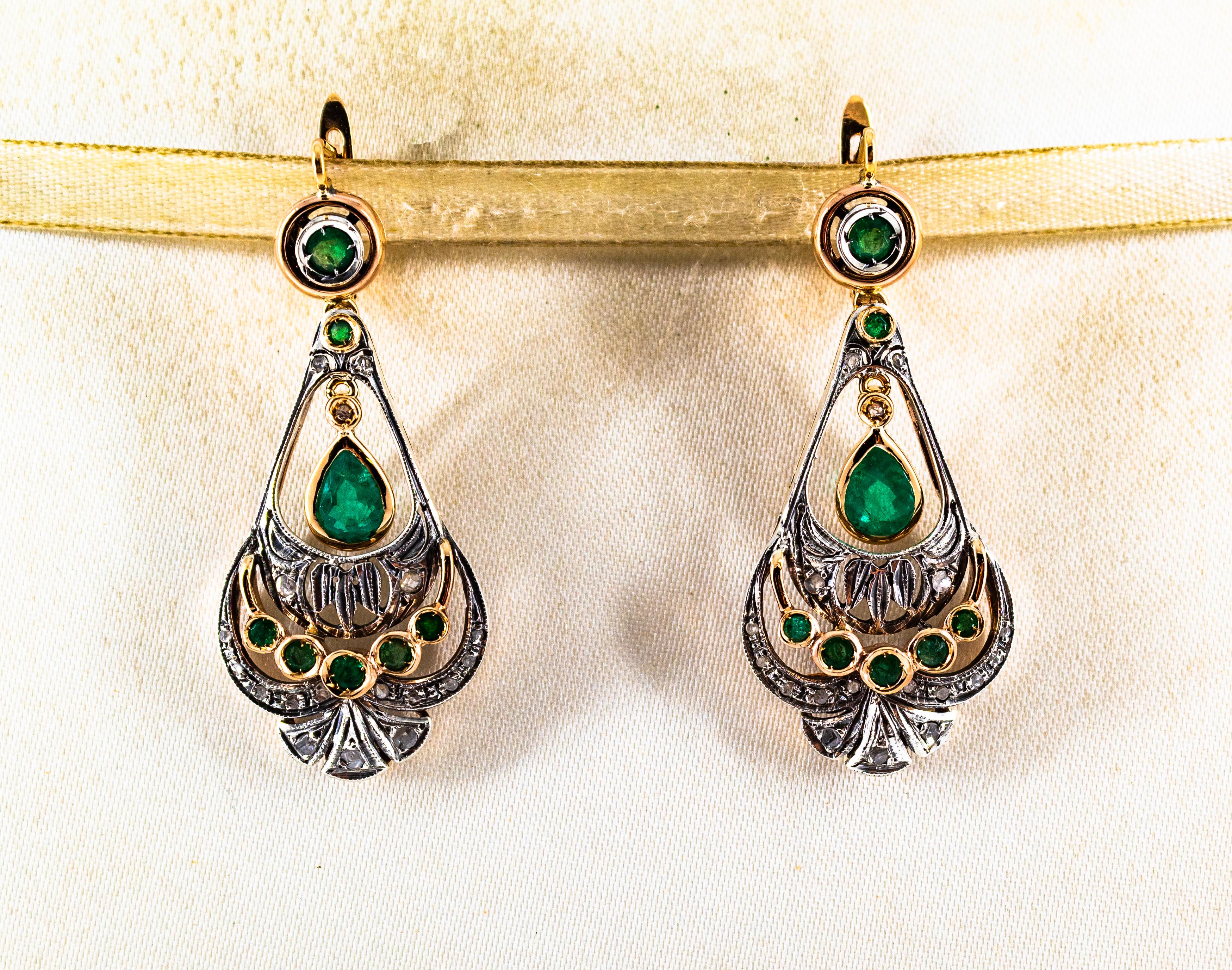 These Earrings are made of 9K Yellow Gold and Sterling Silver.
These Earrings have 0.30 Carats of White Rose Cut Diamonds.
These Earrings have 2.40 Carats of Emeralds.

All our Earrings have pins for pierced ears but we can change the closure and