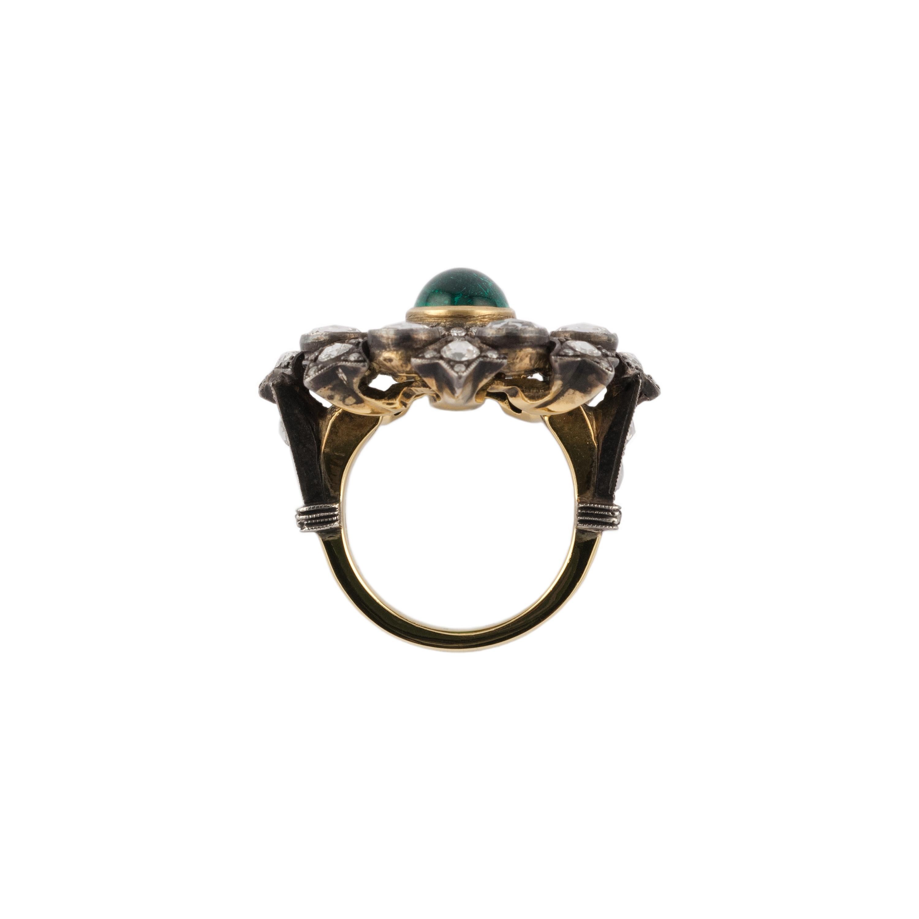 Oval Cut 2.40 Carat Emerald 2.86 Carat Diamond 18 Karat Yellow Gold Heritage Ring For Sale