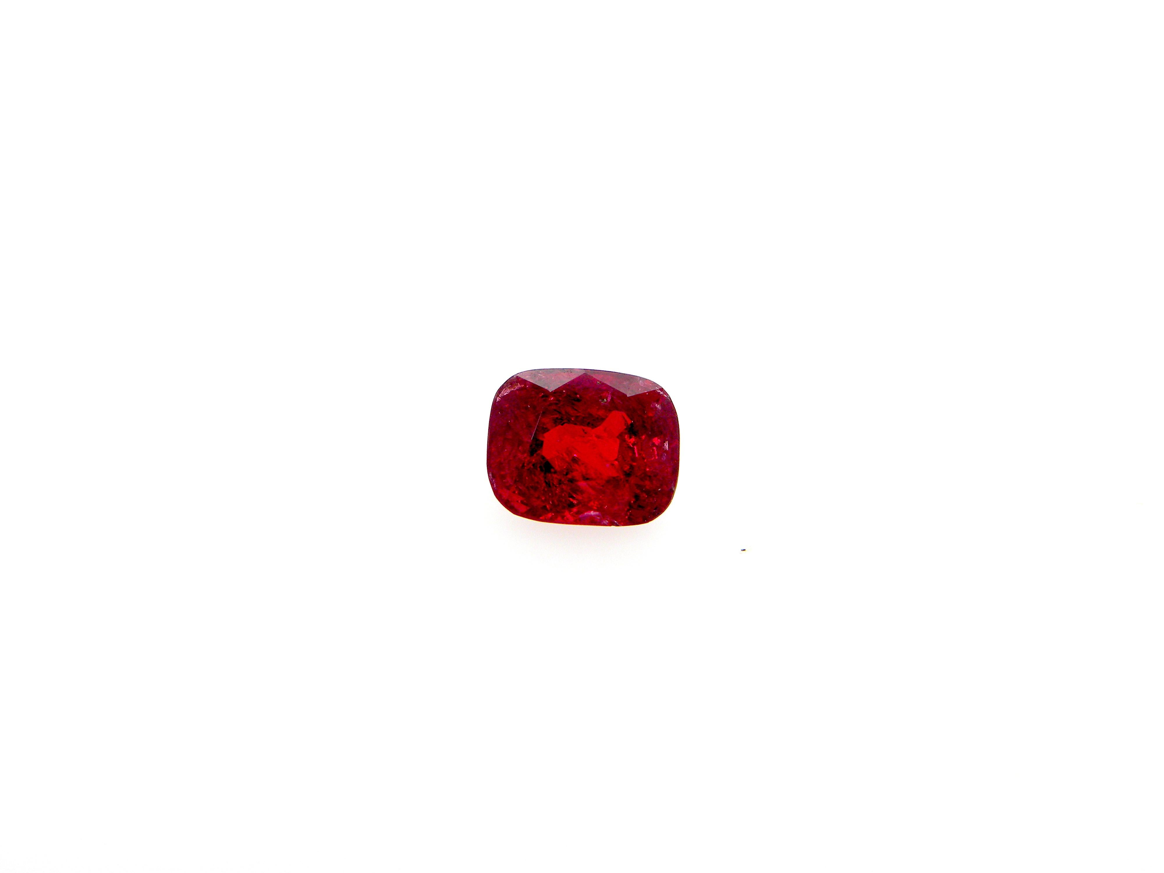 2.39 Carat GRS Certified Unheated Cushion-Cut Burmese Vivid Red Spinel:  

A gorgeous and rare gem, it is a 2.40 carat GRS certified unheated cushion-cut Burmese vivid red spinel. Hailing from the historic Mogok mines in Burma as certified by GRS