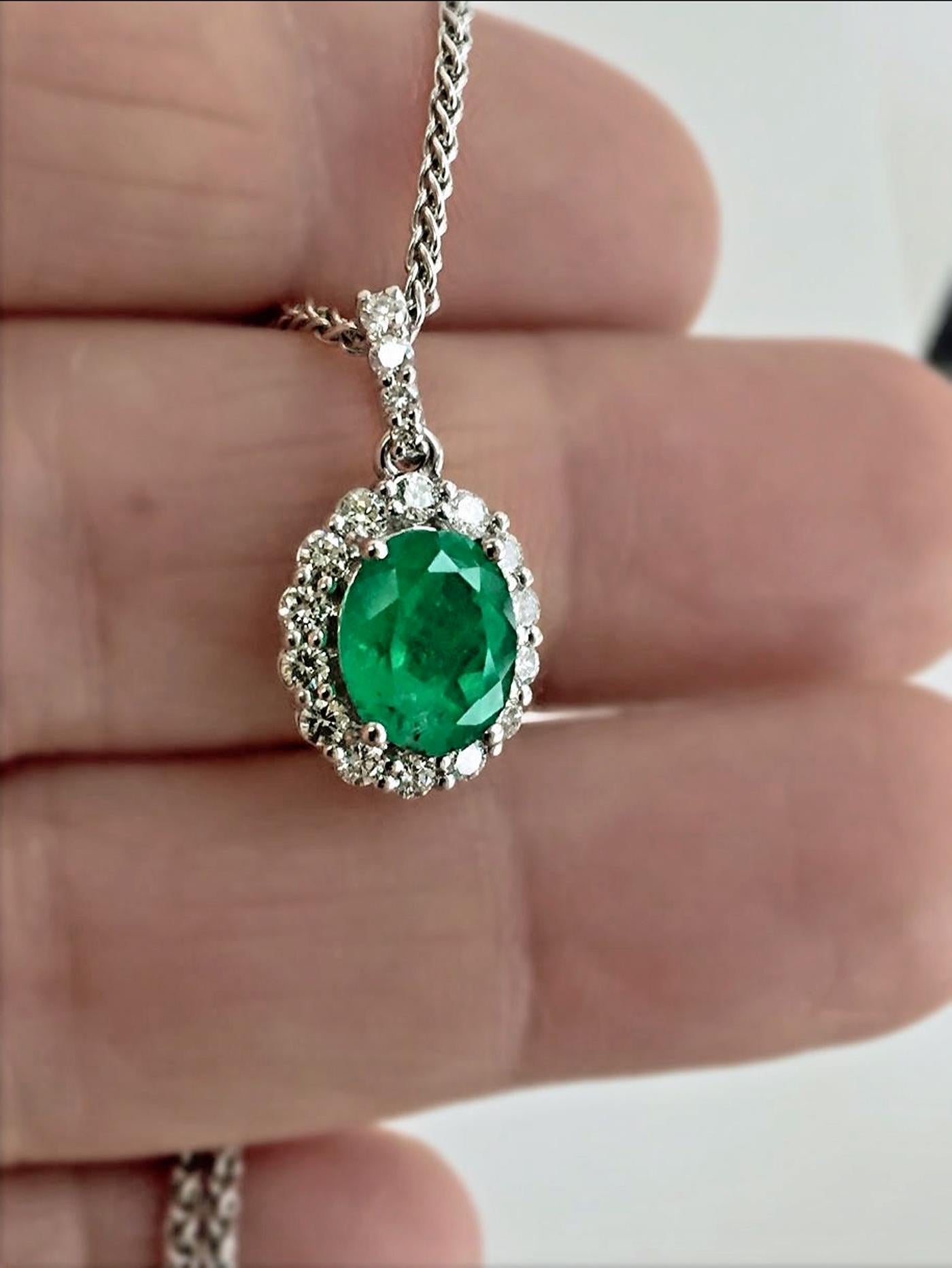 2.40 Carat Natural Colombian Emerald Diamond Pendant Necklace 14K White Gold 18