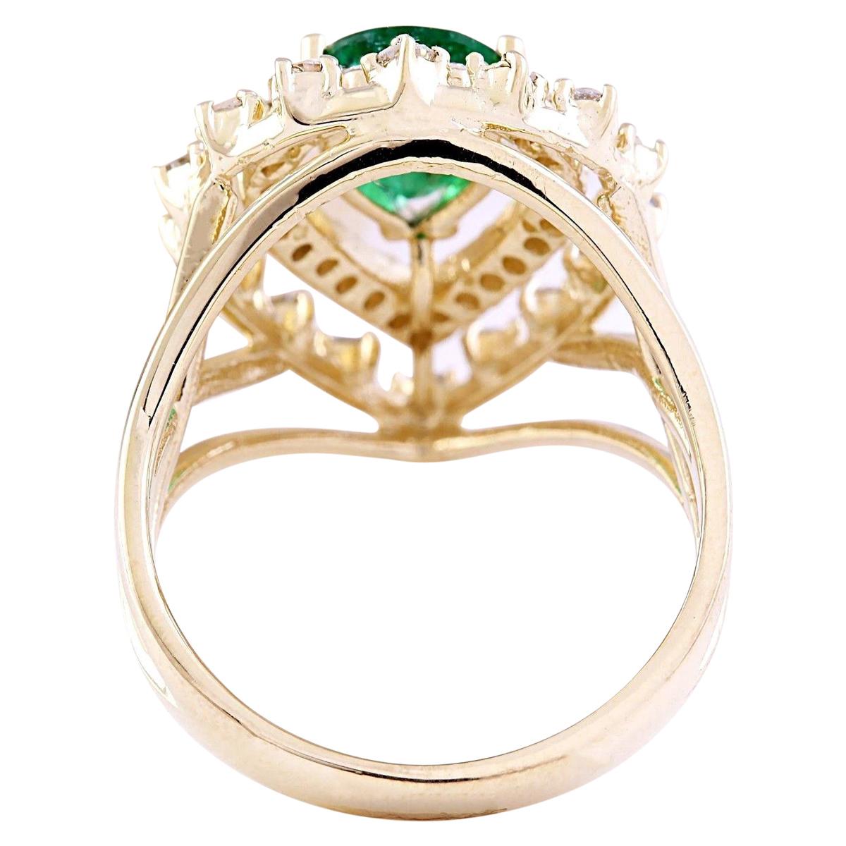 Pear Cut Natural Emerald 14 Karat Yellow Gold Diamond Ring For Sale
