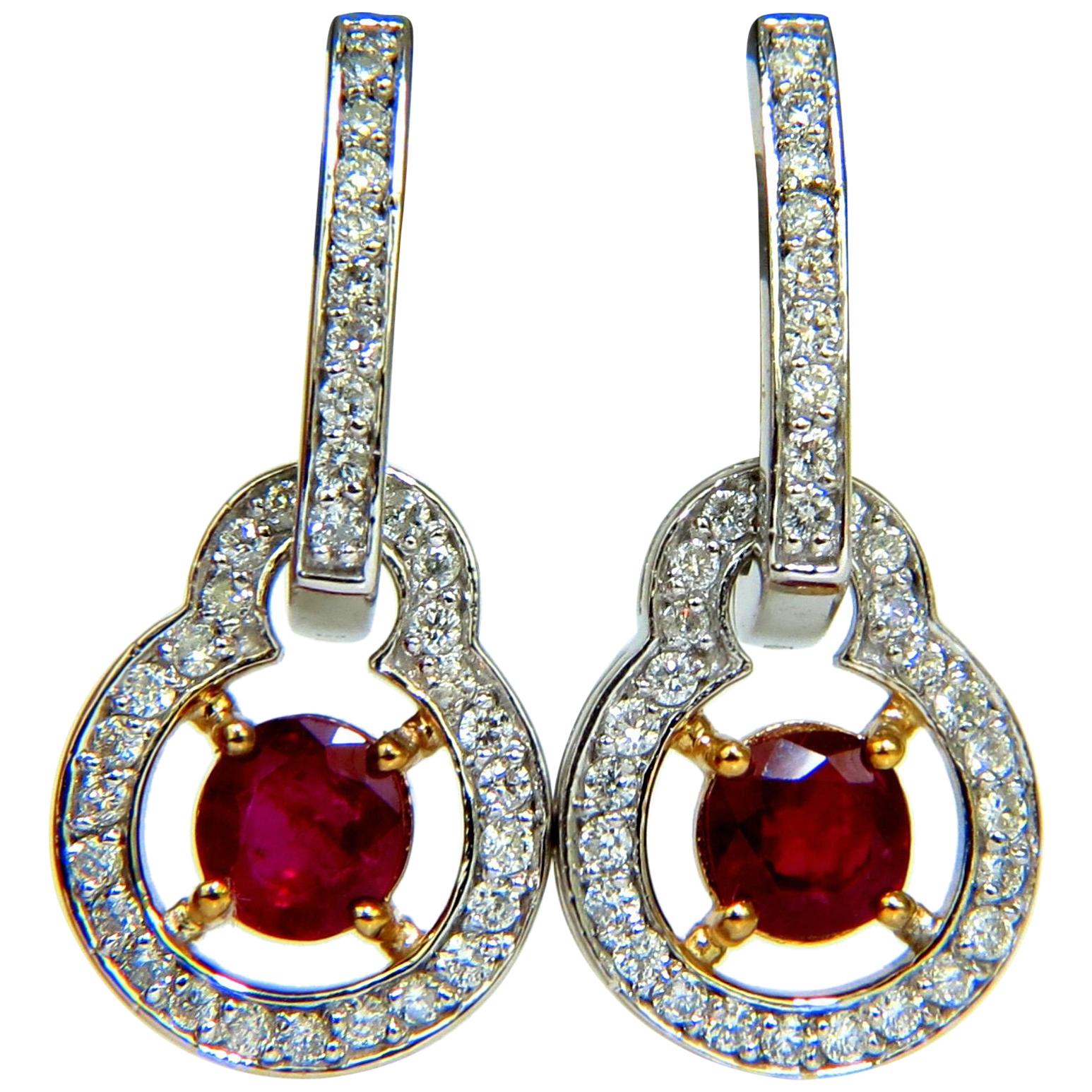 2.40 Carat Natural Fine Gem Red Ruby Diamond Earrings Dangle Hoop 14 Karat**