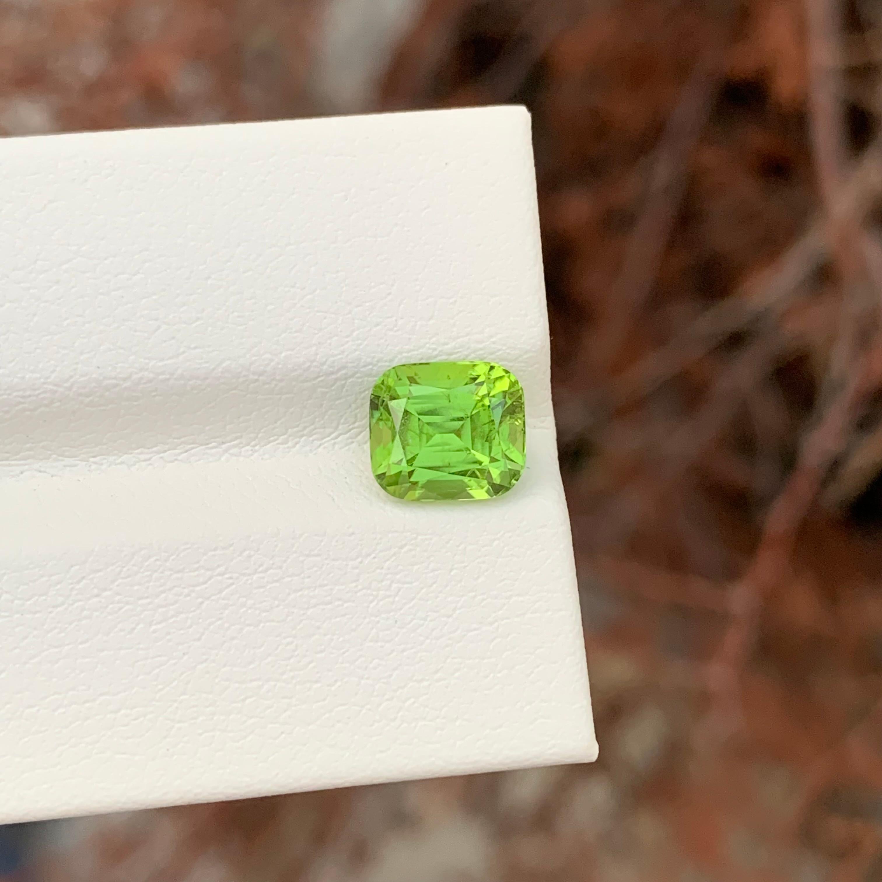 2.40 Carat Natural Loose Apple Green Colour Peridot Cushion Shape Gemstone For Sale 3