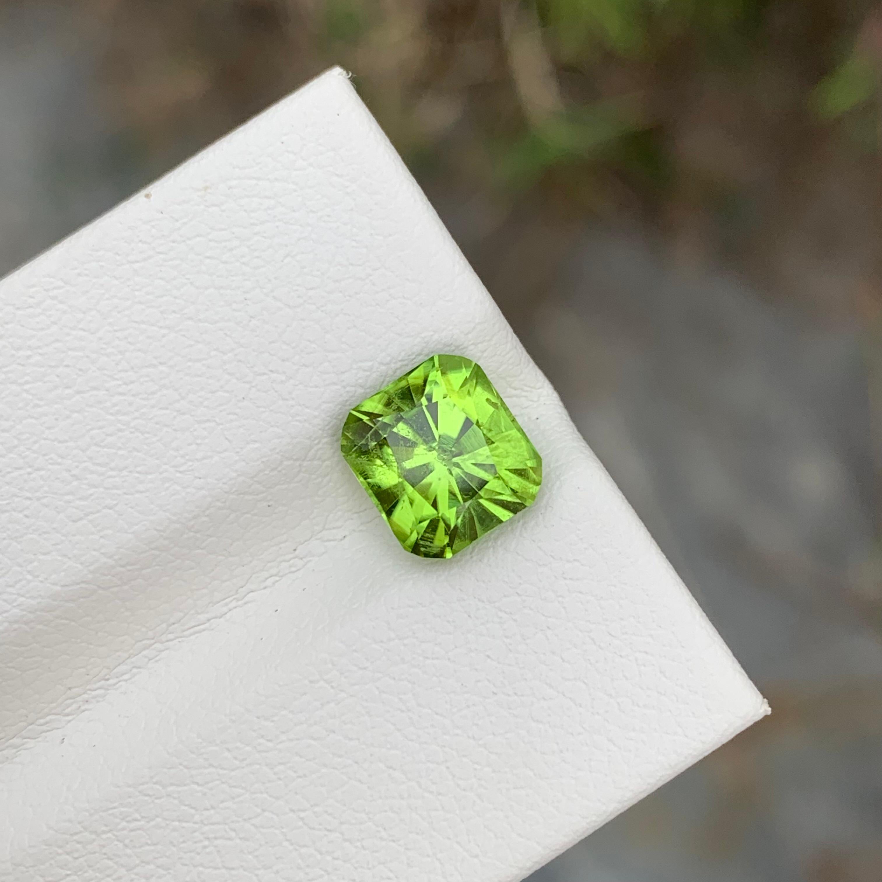 Loose Peridot
Weight: 2.40 Carats
Dimension: 7.7 x 7.1 x 5.3 Mm
Colour: Green
Origin: Supat Valley, Pakistan
Shape: Cushion 
Certificate: On Demand
Treatment: Non

Peridot, a vibrant and lustrous gemstone, has been cherished for centuries for its