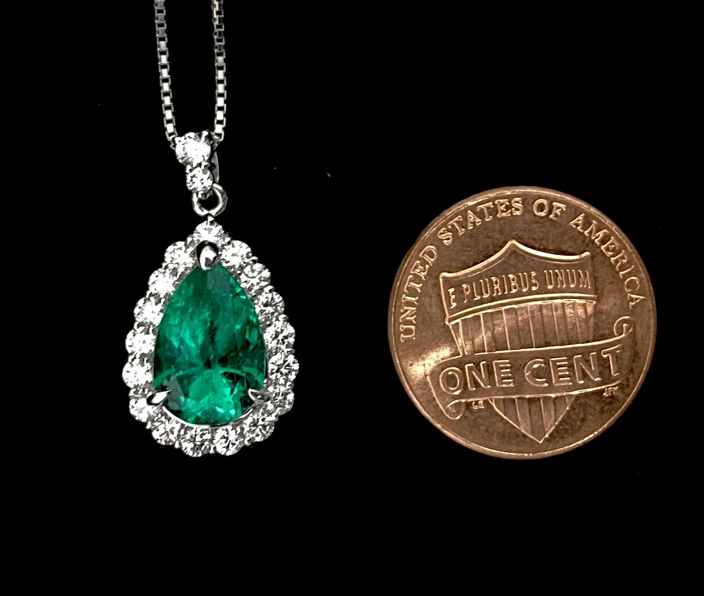 Modern 2.40 Carat, Natural, Pear-Shape Emerald and Diamond Pendant Set in Platinum
