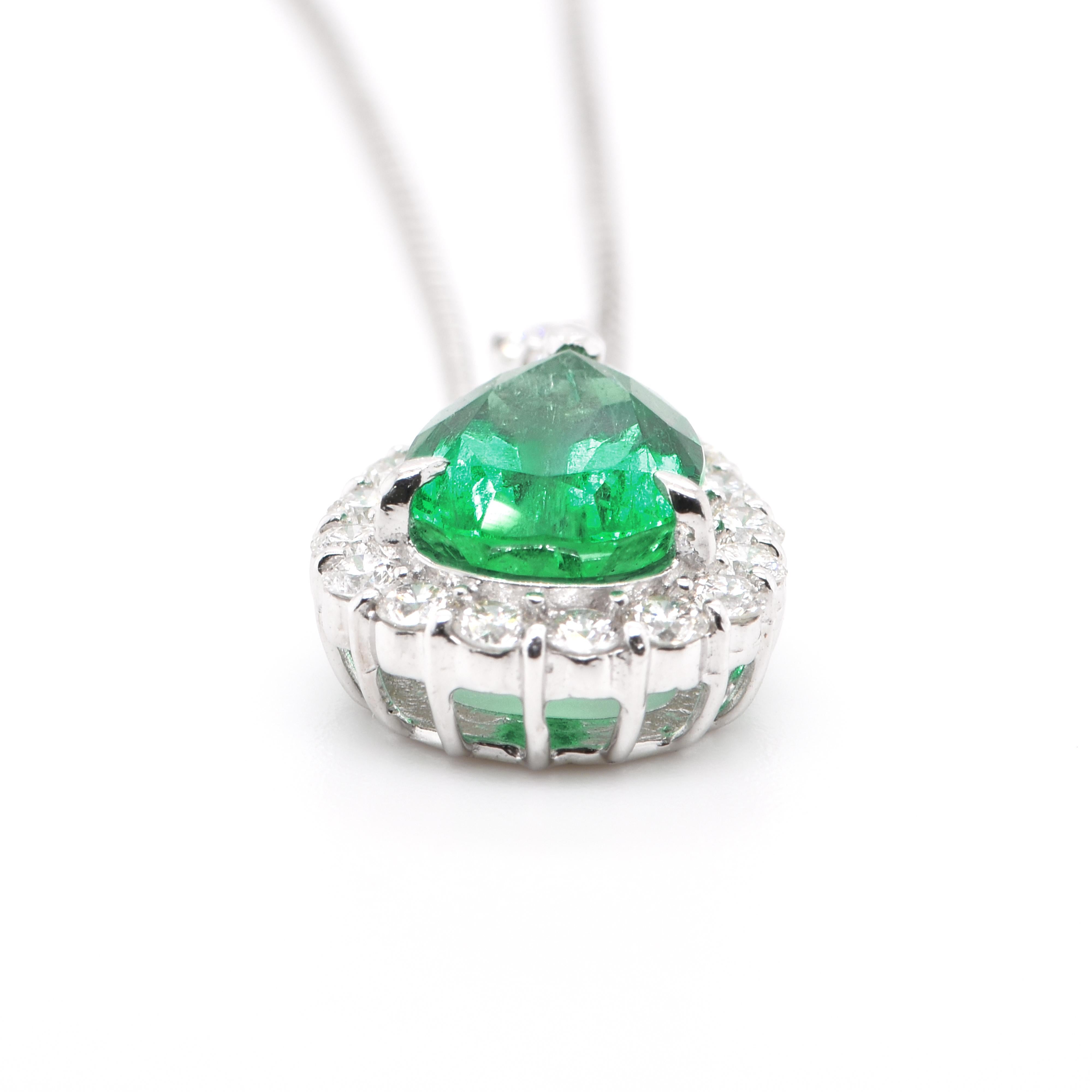 Pear Cut 2.40 Carat, Natural, Pear-Shape Emerald and Diamond Pendant Set in Platinum