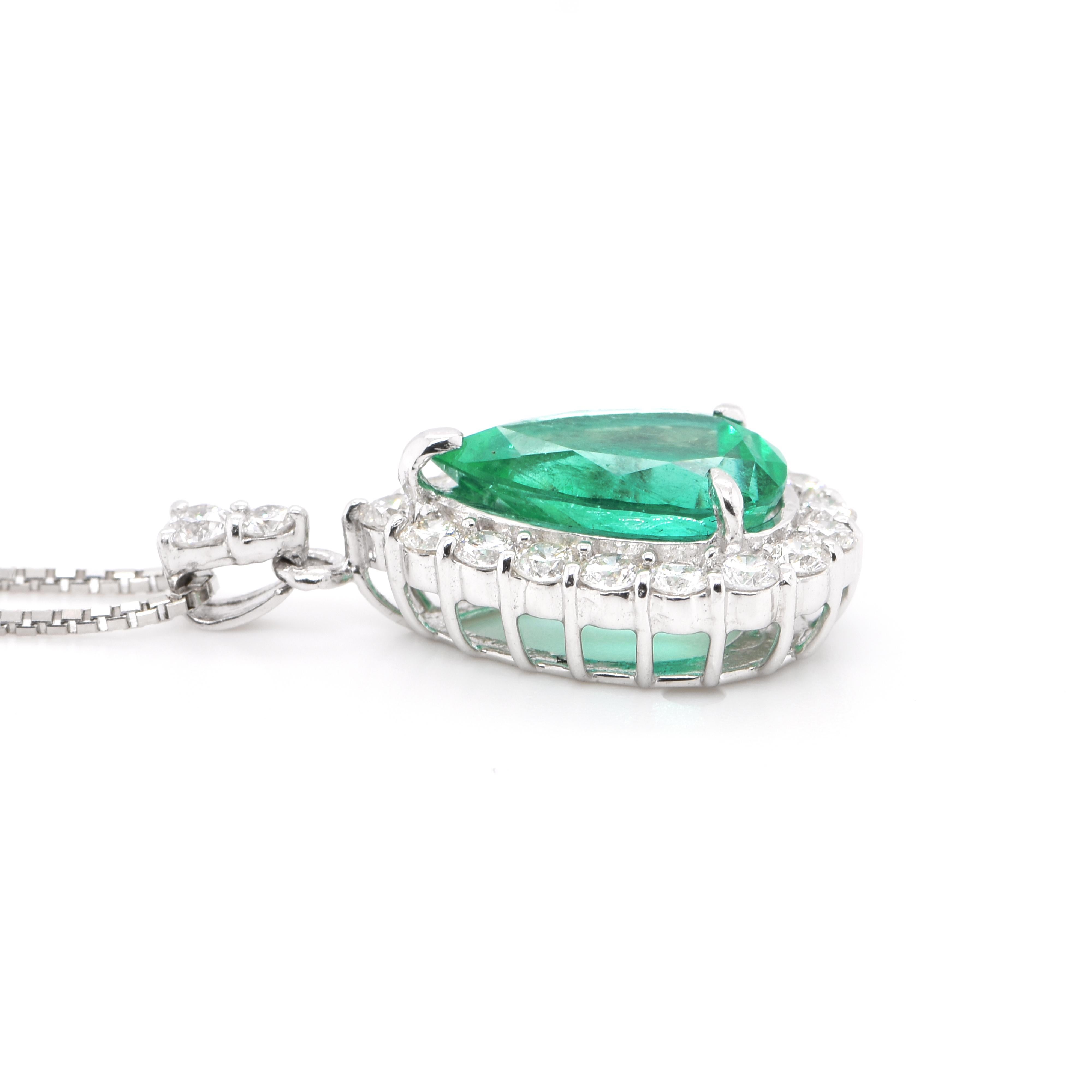 Women's 2.40 Carat, Natural, Pear-Shape Emerald and Diamond Pendant Set in Platinum