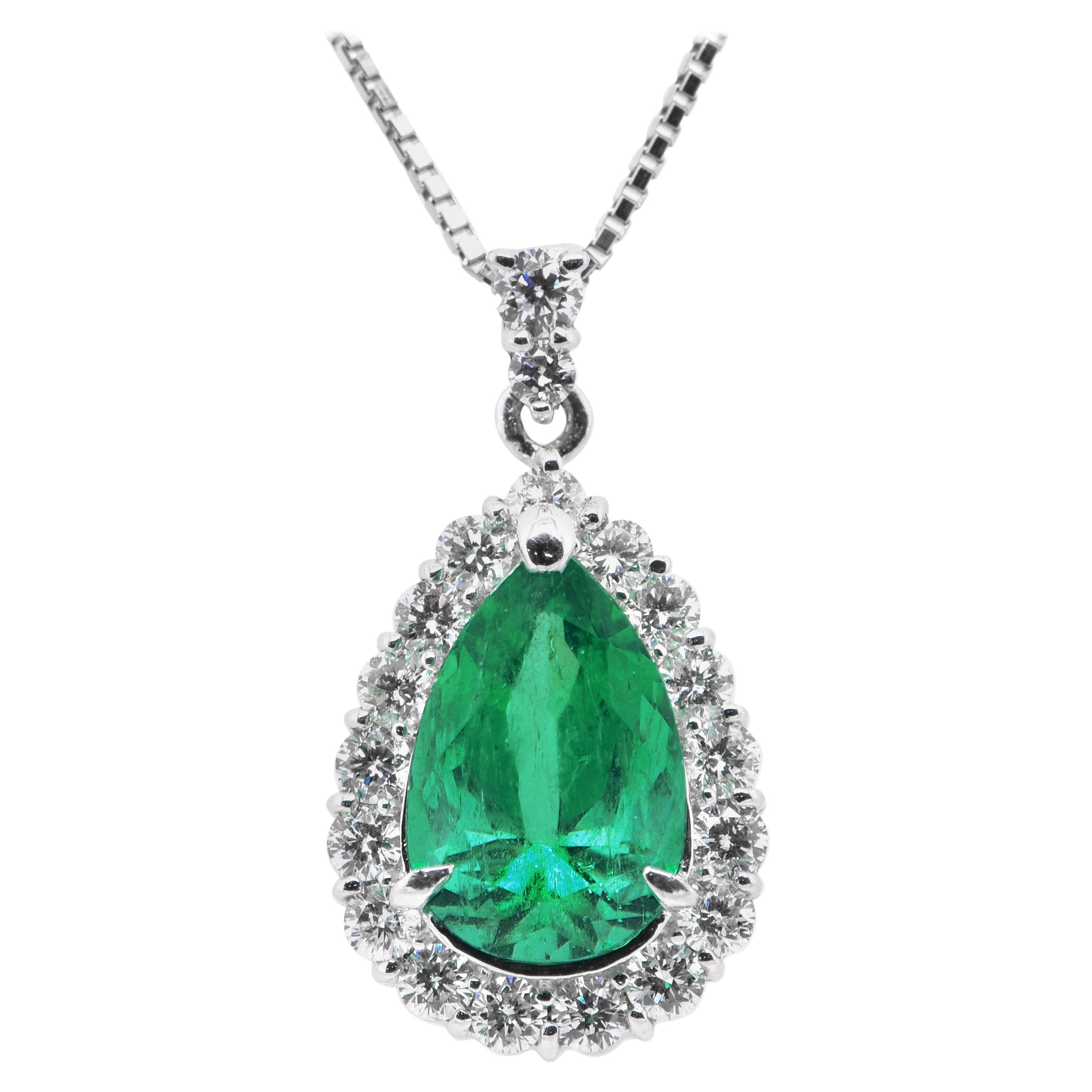 2.40 Carat, Natural, Pear-Shape Emerald and Diamond Pendant Set in Platinum