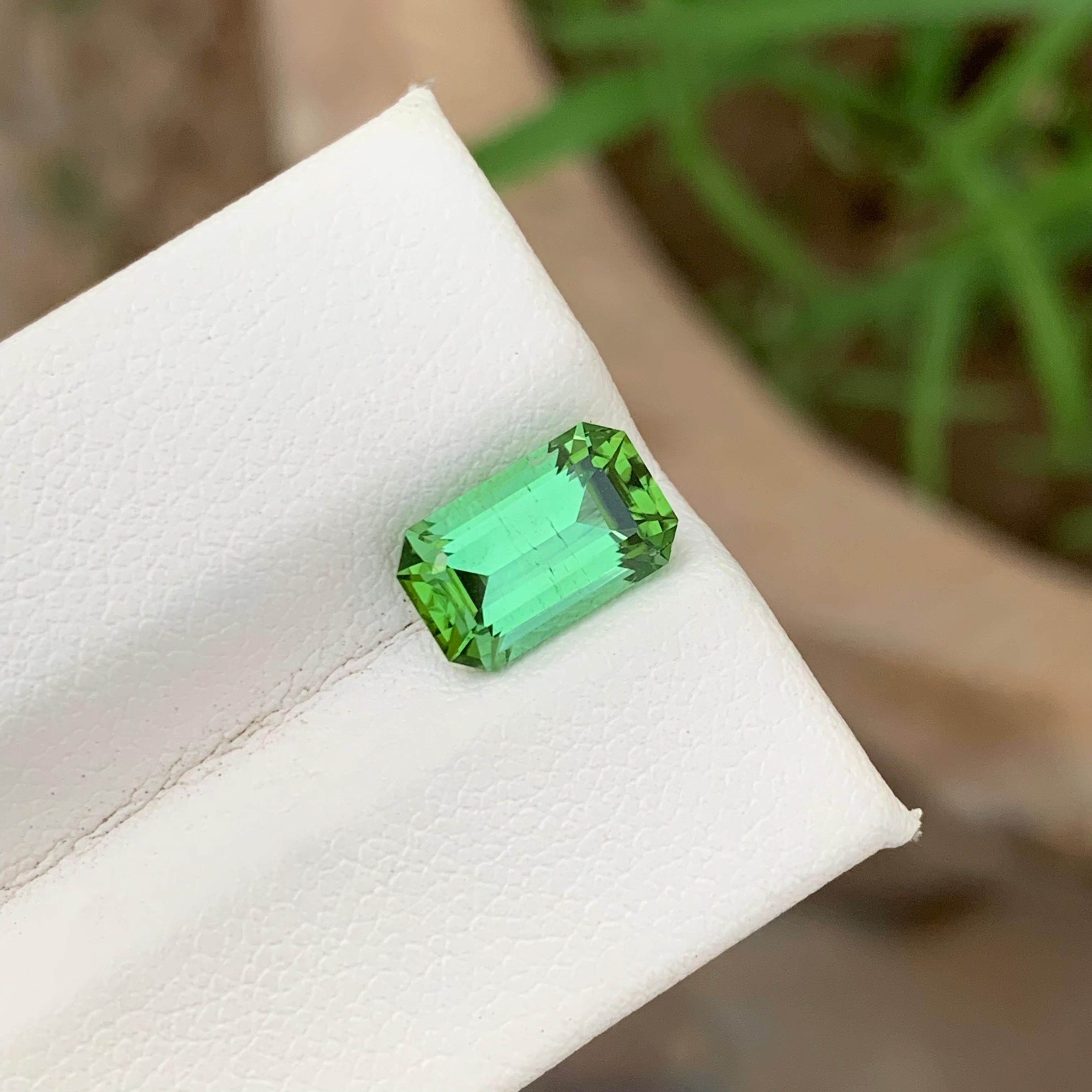 Faceted Tourmaline 
Weight: 2.40 Carats 
Dimension: 9x6.2x5.3 Mm
Origin: Kunar Afghanistan 
Shape: Emerald 
Color: Mintgreen 
Treatment: Non
Certificate: On Customer Demand 
Mint green tourmaline, a mesmerizing gemstone, is renowned for its delicate