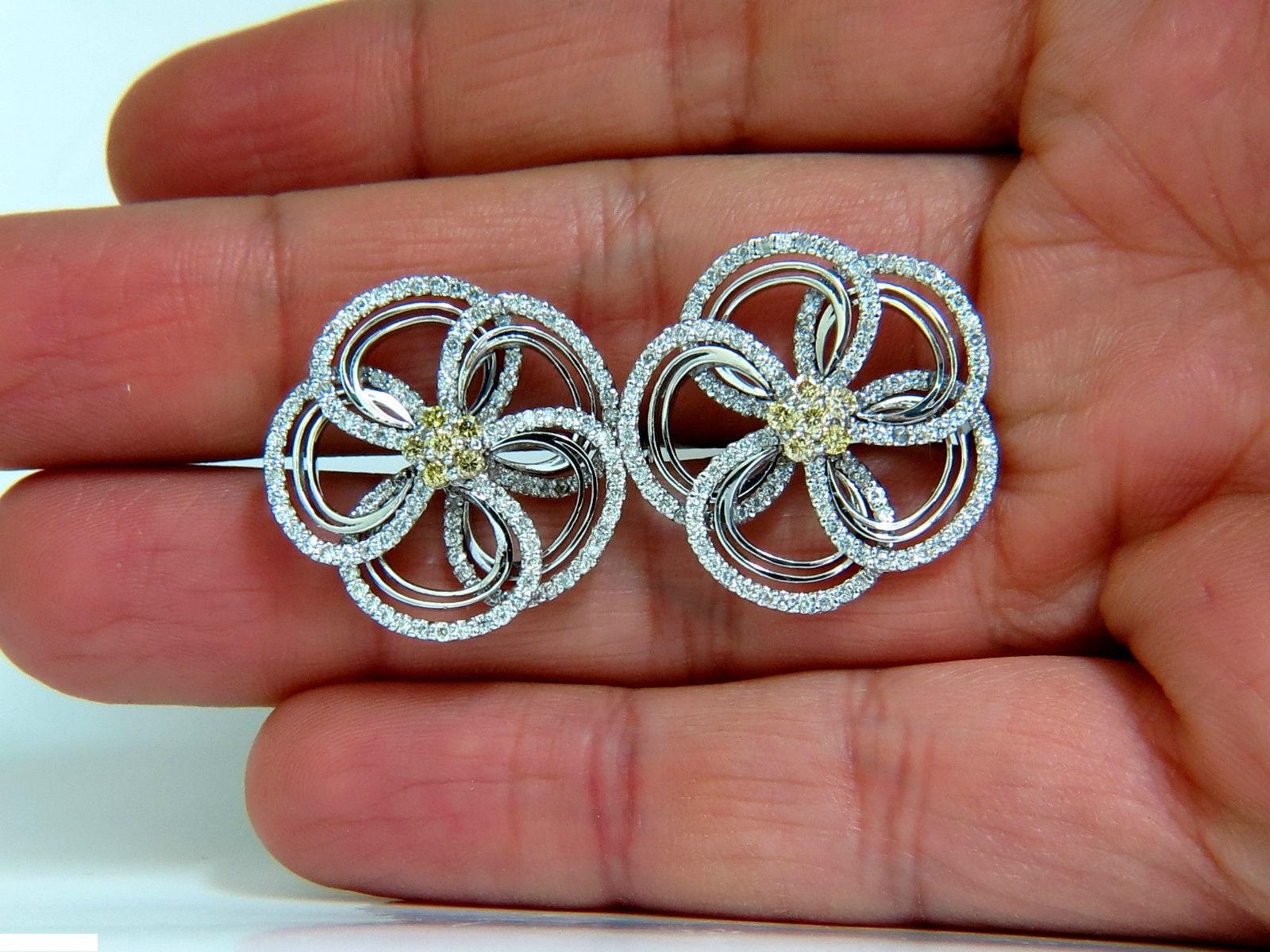 2.40 Carat Natural Yellow Diamonds 3D Flower Cluster Earrings 14 Karat For Sale 4