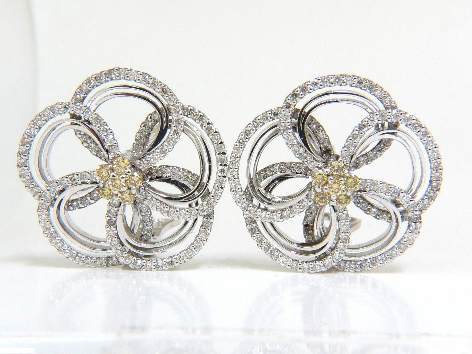 Round Cut 2.40 Carat Natural Yellow Diamonds 3D Flower Cluster Earrings 14 Karat For Sale
