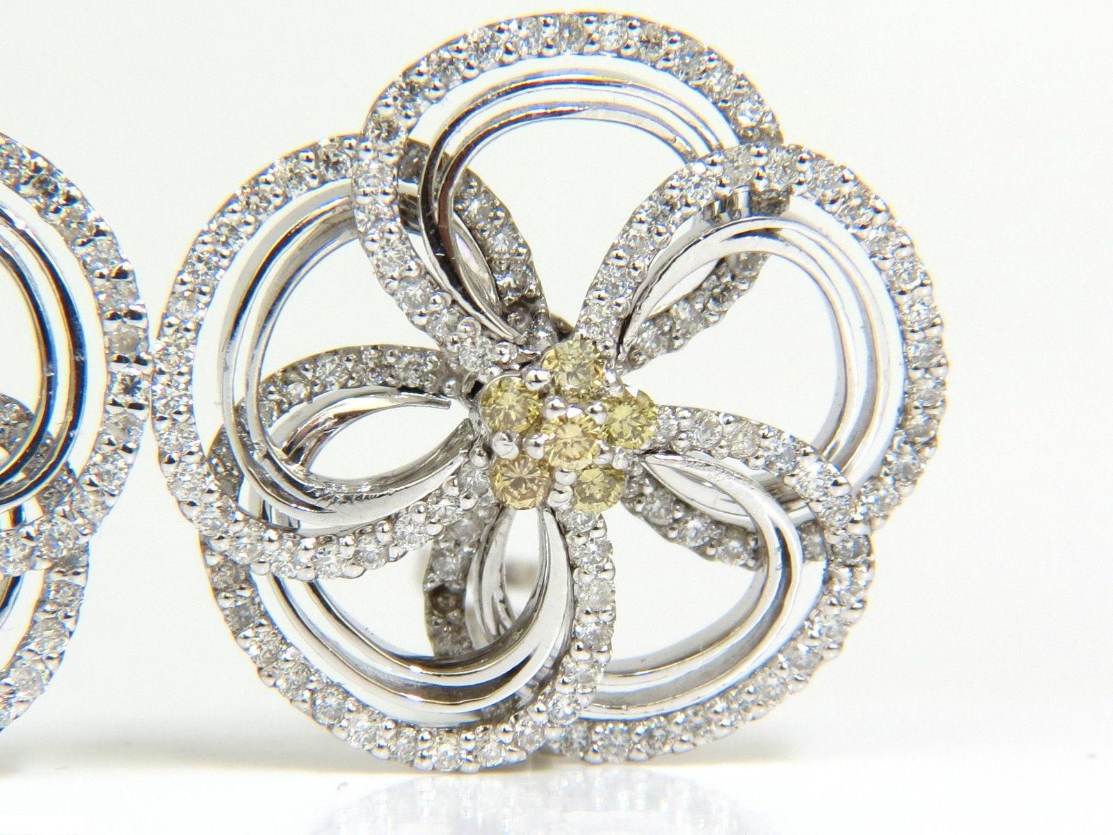 2.40 Carat Natural Yellow Diamonds 3D Flower Cluster Earrings 14 Karat For Sale 1