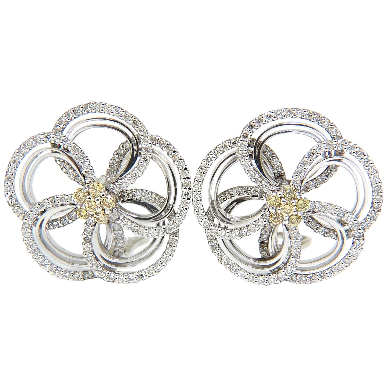 2.40 Carat Natural Yellow Diamonds 3D Flower Cluster Earrings 14 Karat For Sale