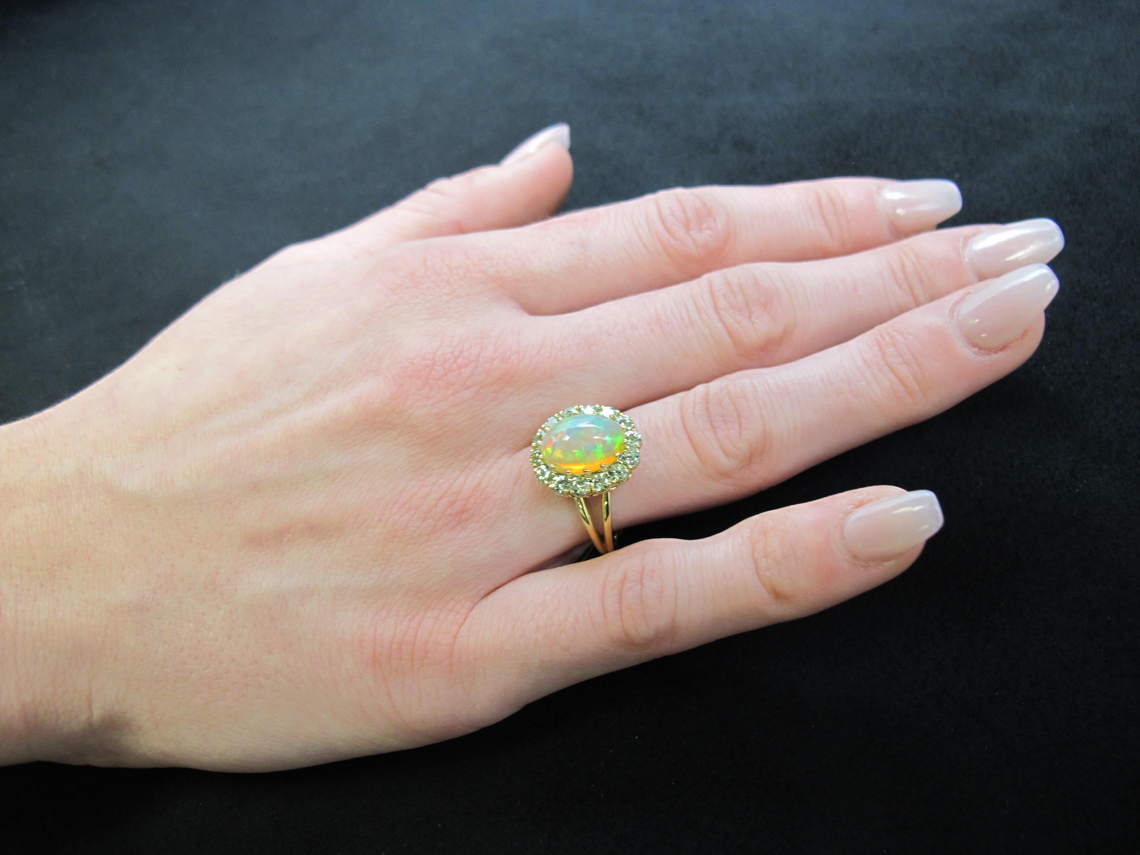 2.40 Carat Opal and Tsavorite Garnet Halo Cocktail Ring in 18k Yellow Gold  For Sale 4