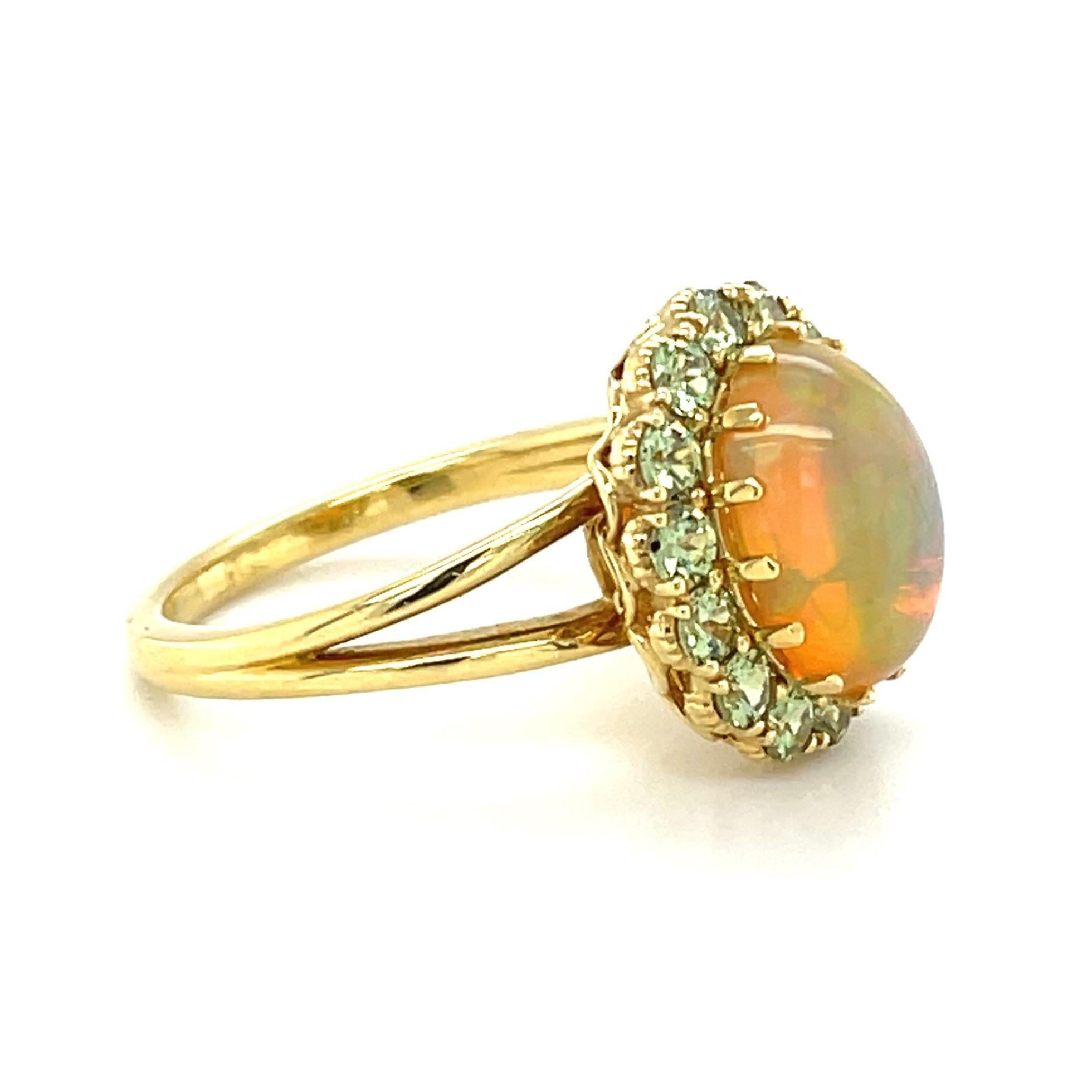 Artisan 2.40 Carat Opal and Tsavorite Garnet Halo Cocktail Ring in 18k Yellow Gold  For Sale