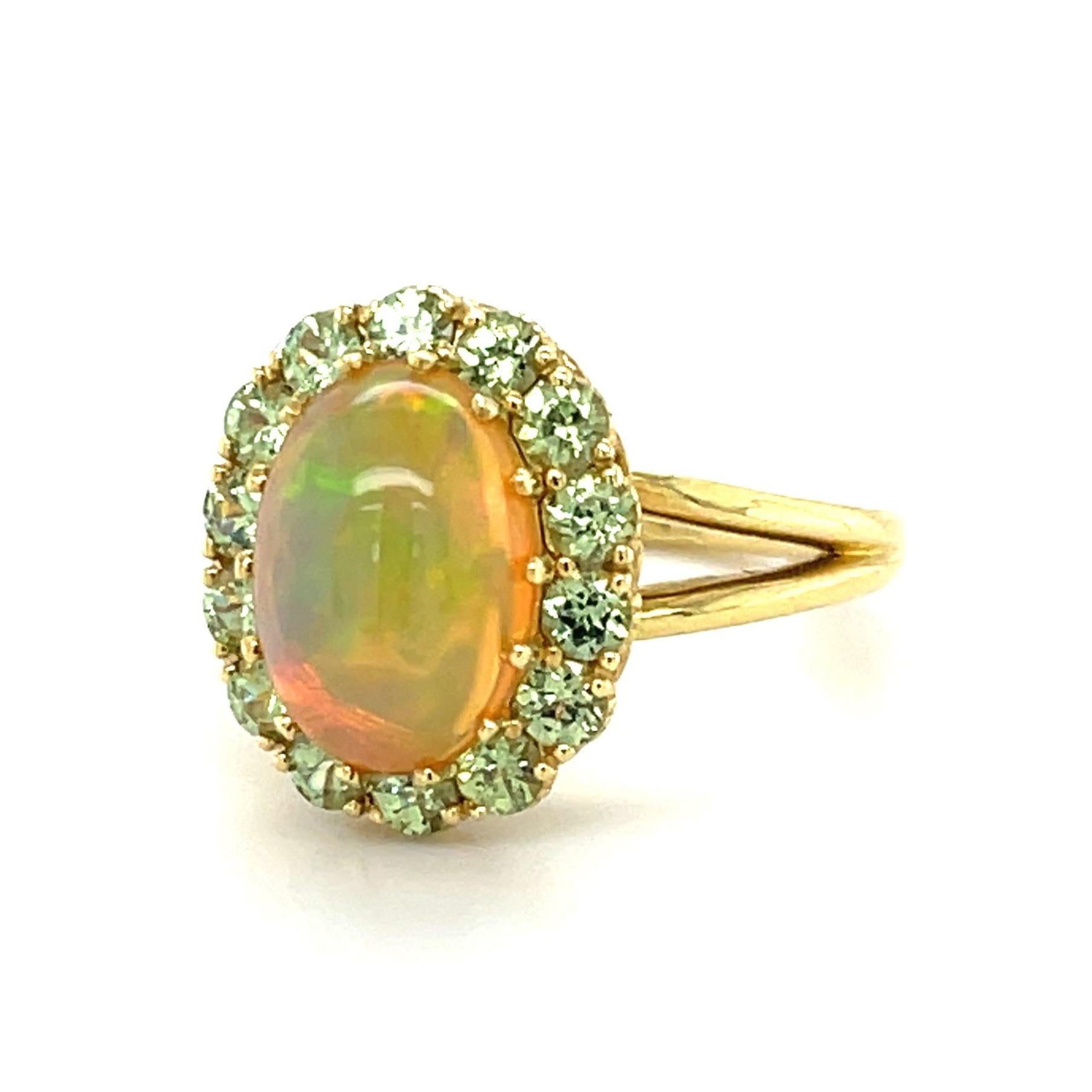 Women's 2.40 Carat Opal and Tsavorite Garnet Halo Cocktail Ring in 18k Yellow Gold  For Sale