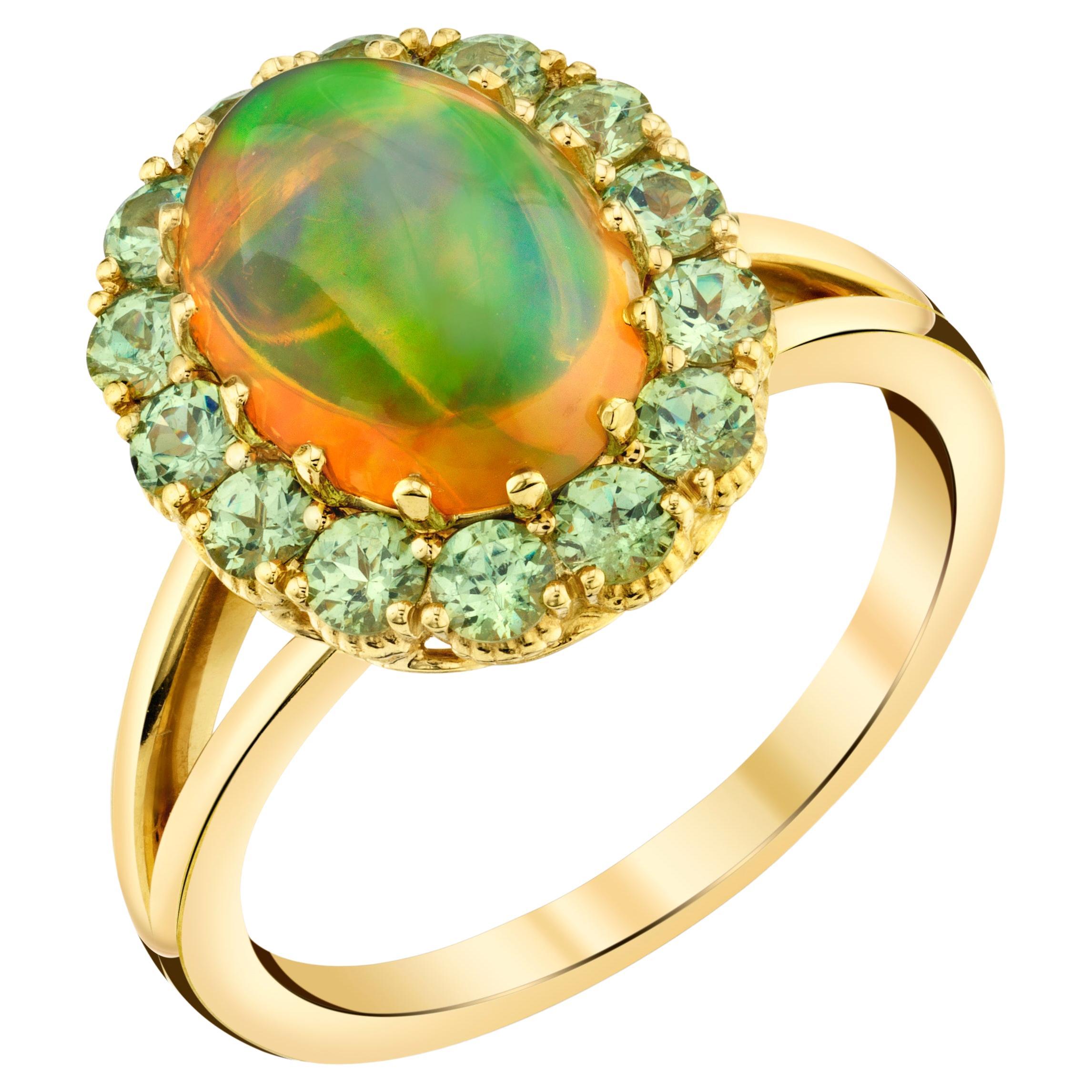 2.40 Carat Opal and Tsavorite Garnet Halo Cocktail Ring in 18k Yellow Gold  For Sale