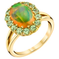 2.40 Carat Opal and Tsavorite Garnet Halo Cocktail Ring in 18k Yellow Gold 